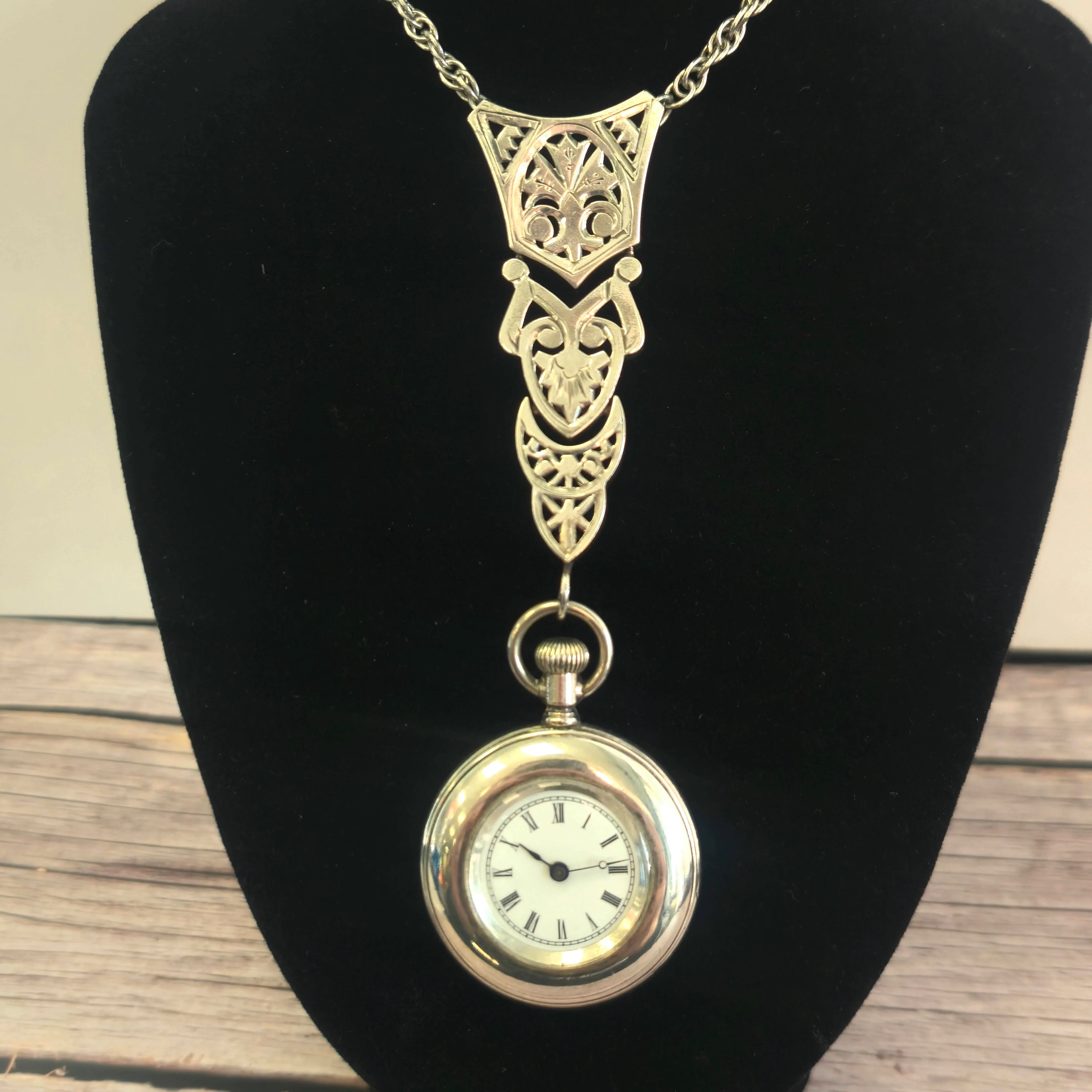 1896 Elgin Pocket Watch Pendant Necklace 0s 7J Sterling Silver Multilink Chain