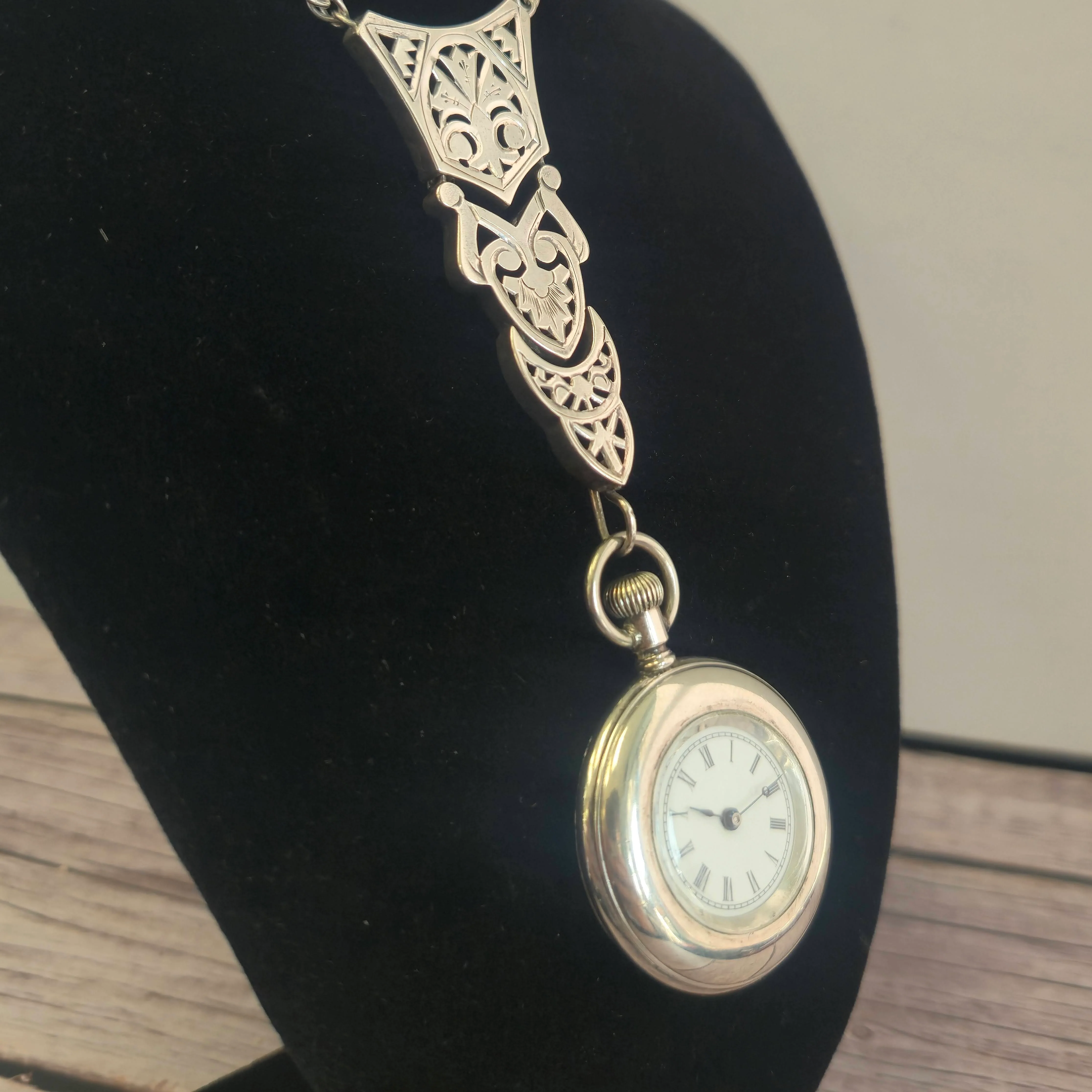 1896 Elgin Pocket Watch Pendant Necklace 0s 7J Sterling Silver Multilink Chain - Image 6