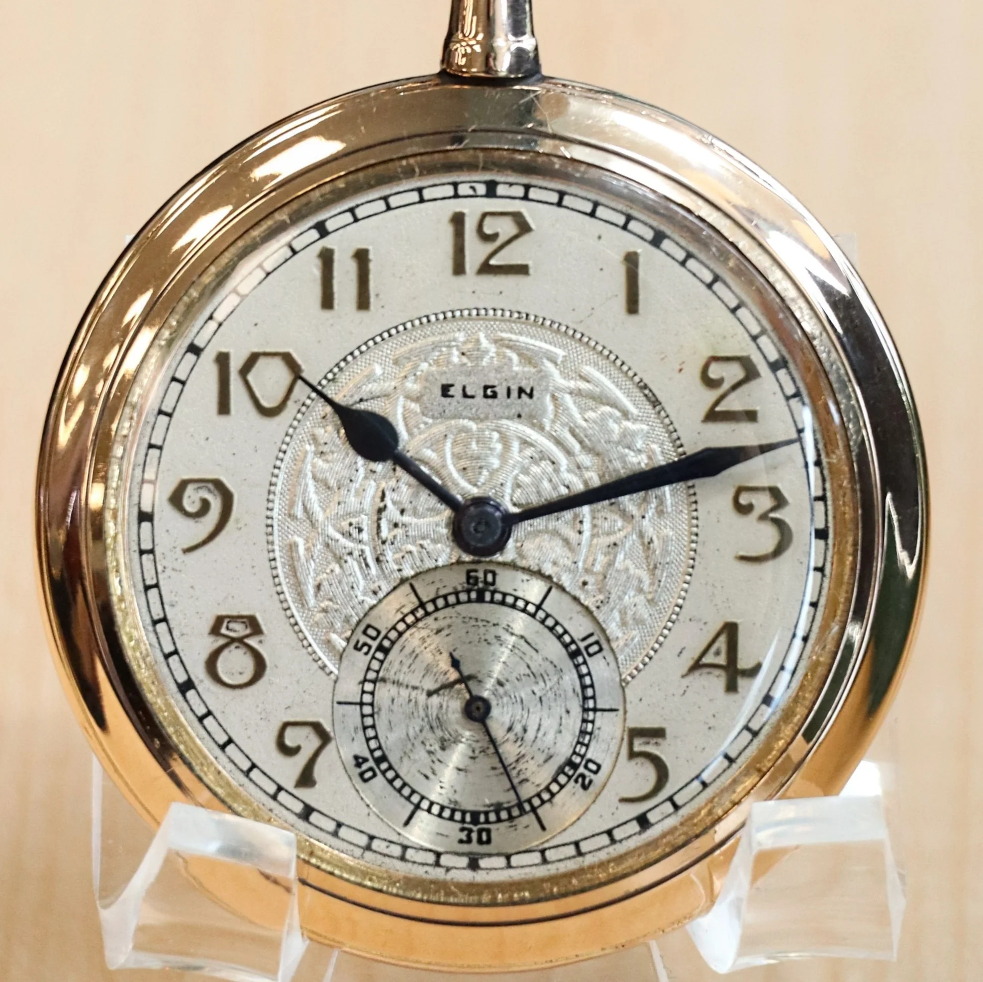 1915 ELGIN Dress Pocket Watch Openface 12s 17 Jewels Grade 345 Decorative Dial Yellow G.F. Case - Image 2