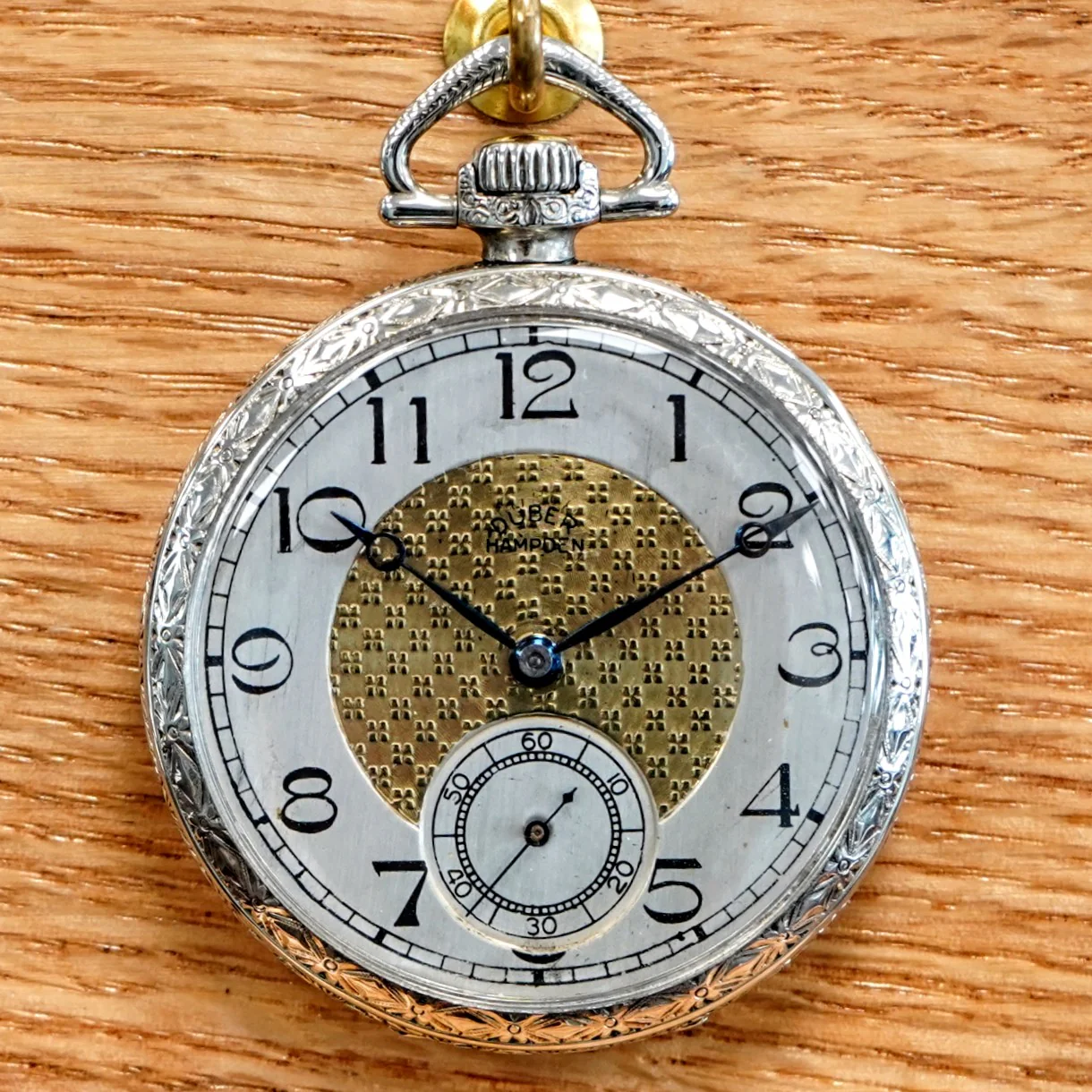 1916 DUBER - HAMPDEN Dress Pocket Watch Grade "The Minute Man" 17 Jewels 12s Openface Engraved Decorative 14K White G.F. - Image 4