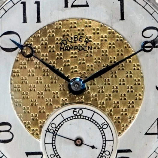 1916 DUBER - HAMPDEN Dress Pocket Watch Grade "The Minute Man" 17 Jewels 12s Openface Engraved Decorative 14K White G.F. - Image 5