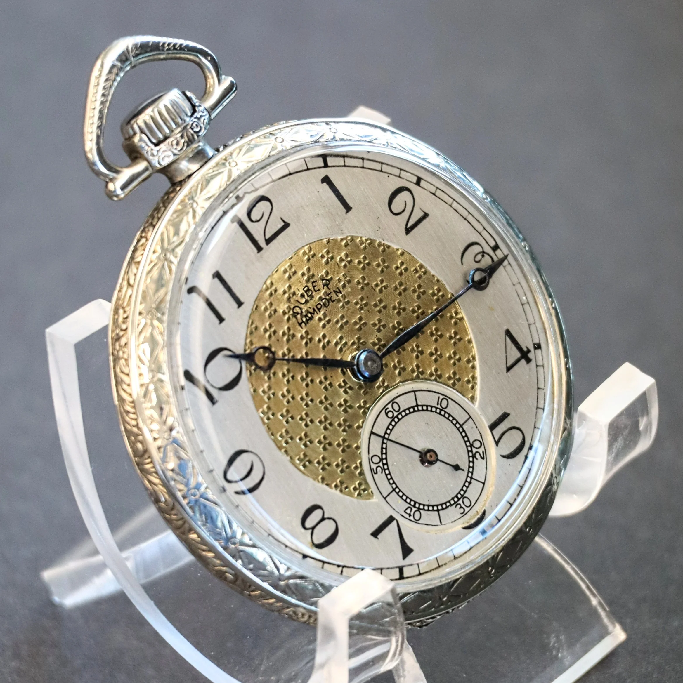 1916 DUBER - HAMPDEN Dress Pocket Watch Grade "The Minute Man" 17 Jewels 12s Openface Engraved Decorative 14K White G.F. - Image 7