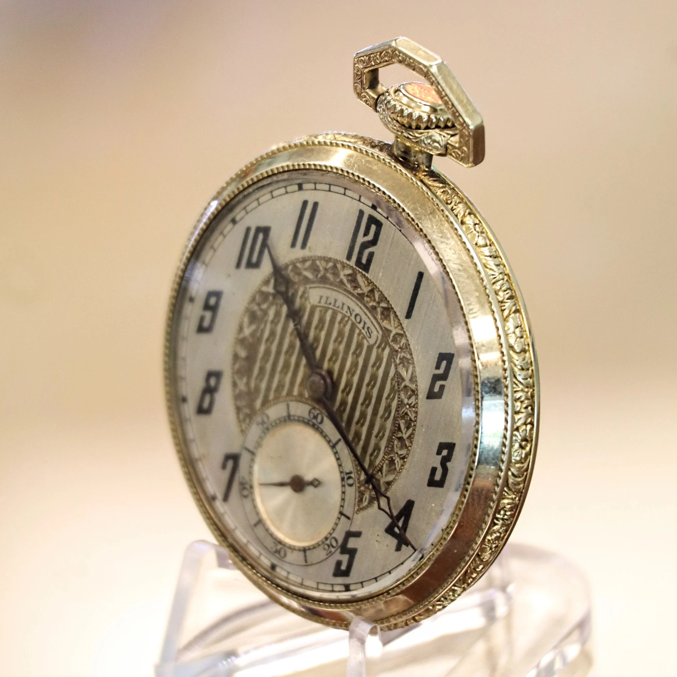1922 ILLINOIS Dress Pocket Watch Openface 12s Grade 406 19 Jewels Adjusted 3 Positions Fancy Engraved Case - Image 4