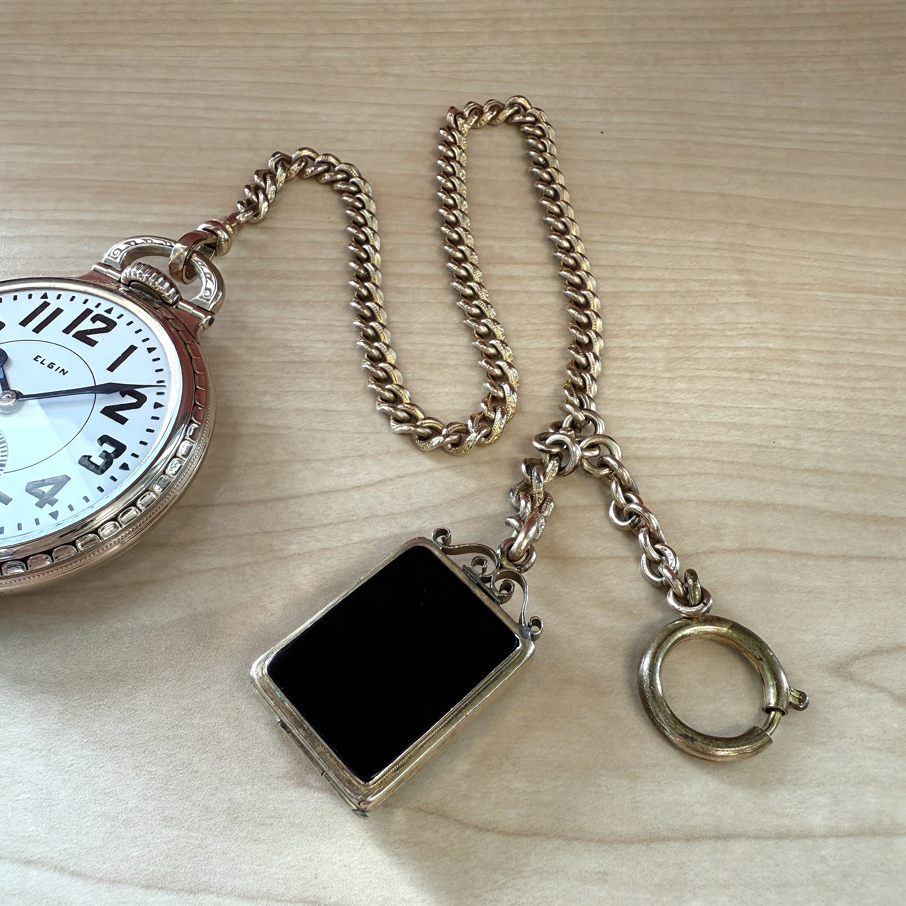 1928 ELGIN B.W. Raymond Railroad Pocket Watch 16s 21 Jewels 5ADJ. w/Chain & Cameo Locket Fob - Image 10