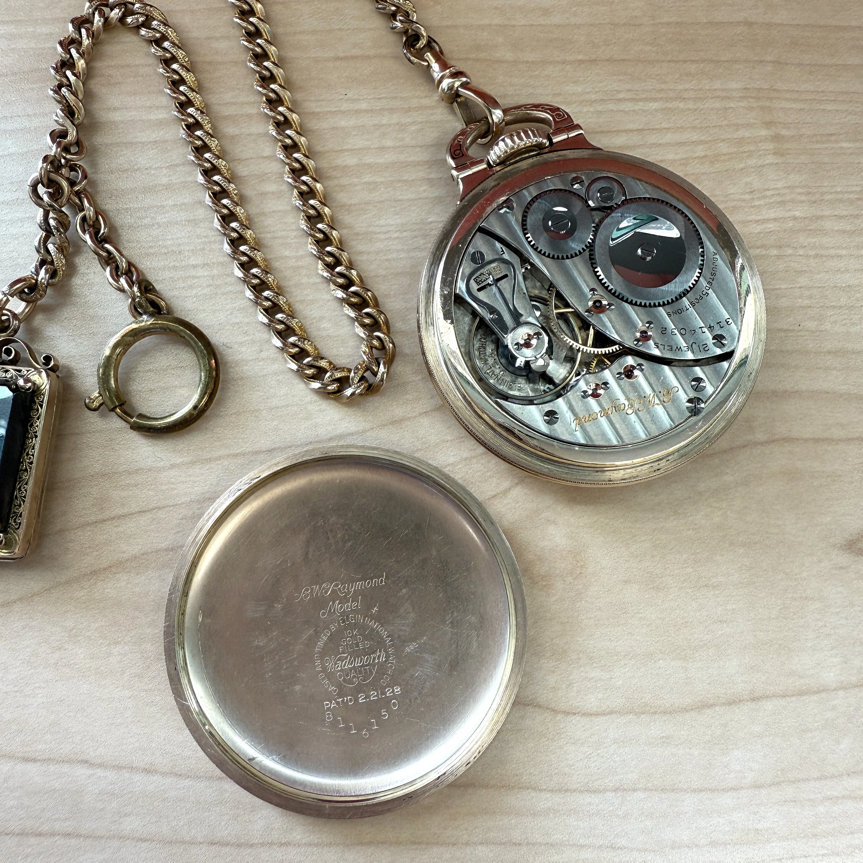 1928 ELGIN B.W. Raymond Railroad Pocket Watch 16s 21 Jewels 5ADJ. w/Chain & Cameo Locket Fob - Image 14