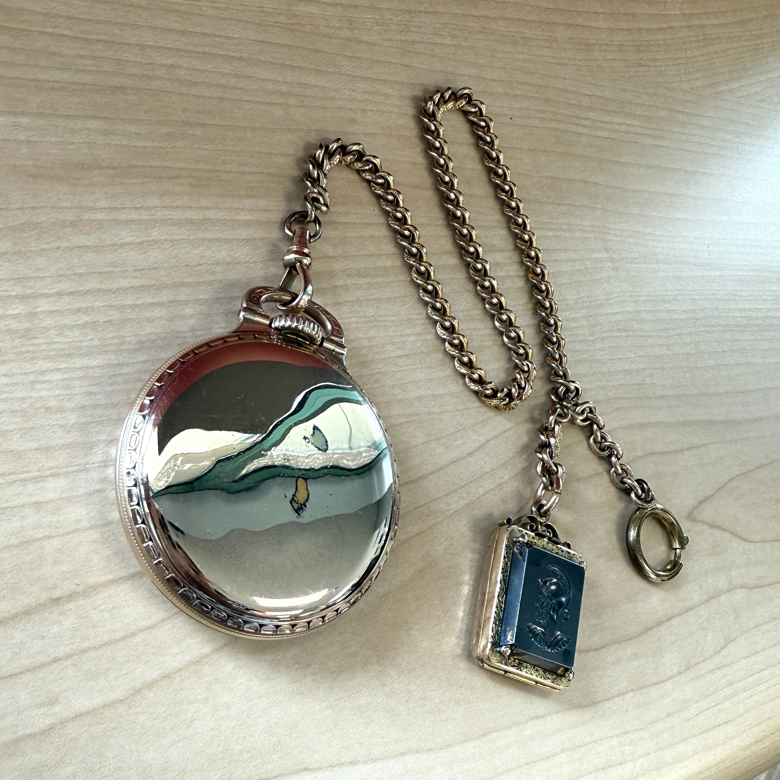 1928 ELGIN B.W. Raymond Railroad Pocket Watch 16s 21 Jewels 5ADJ. w/Chain & Cameo Locket Fob - Image 17