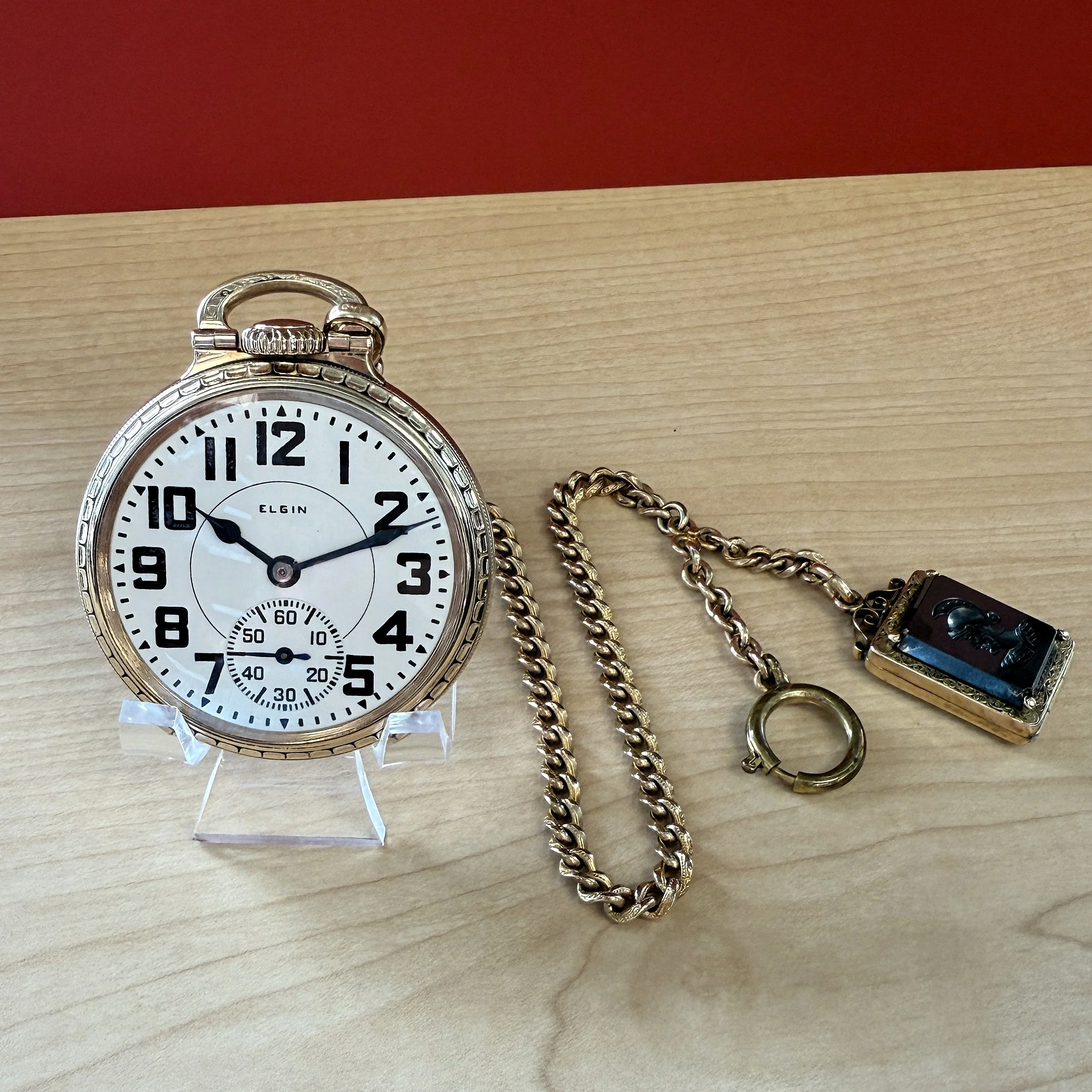 1928 ELGIN B.W. Raymond Railroad Pocket Watch 16s 21 Jewels 5ADJ. w/Chain & Cameo Locket Fob - Image 2