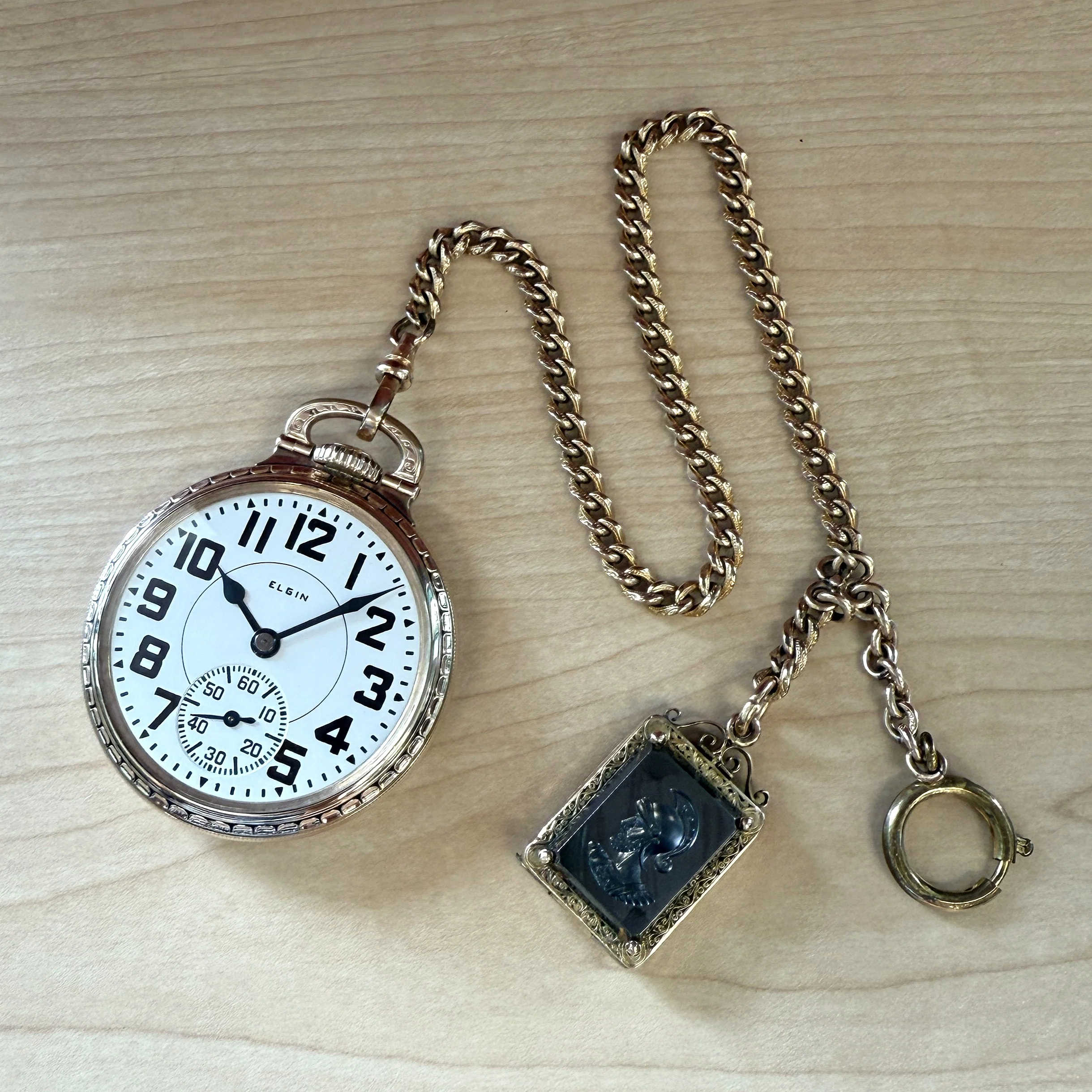1928 ELGIN B.W. Raymond Railroad Pocket Watch 16s 21 Jewels 5ADJ. w/Chain & Cameo Locket Fob - Image 9