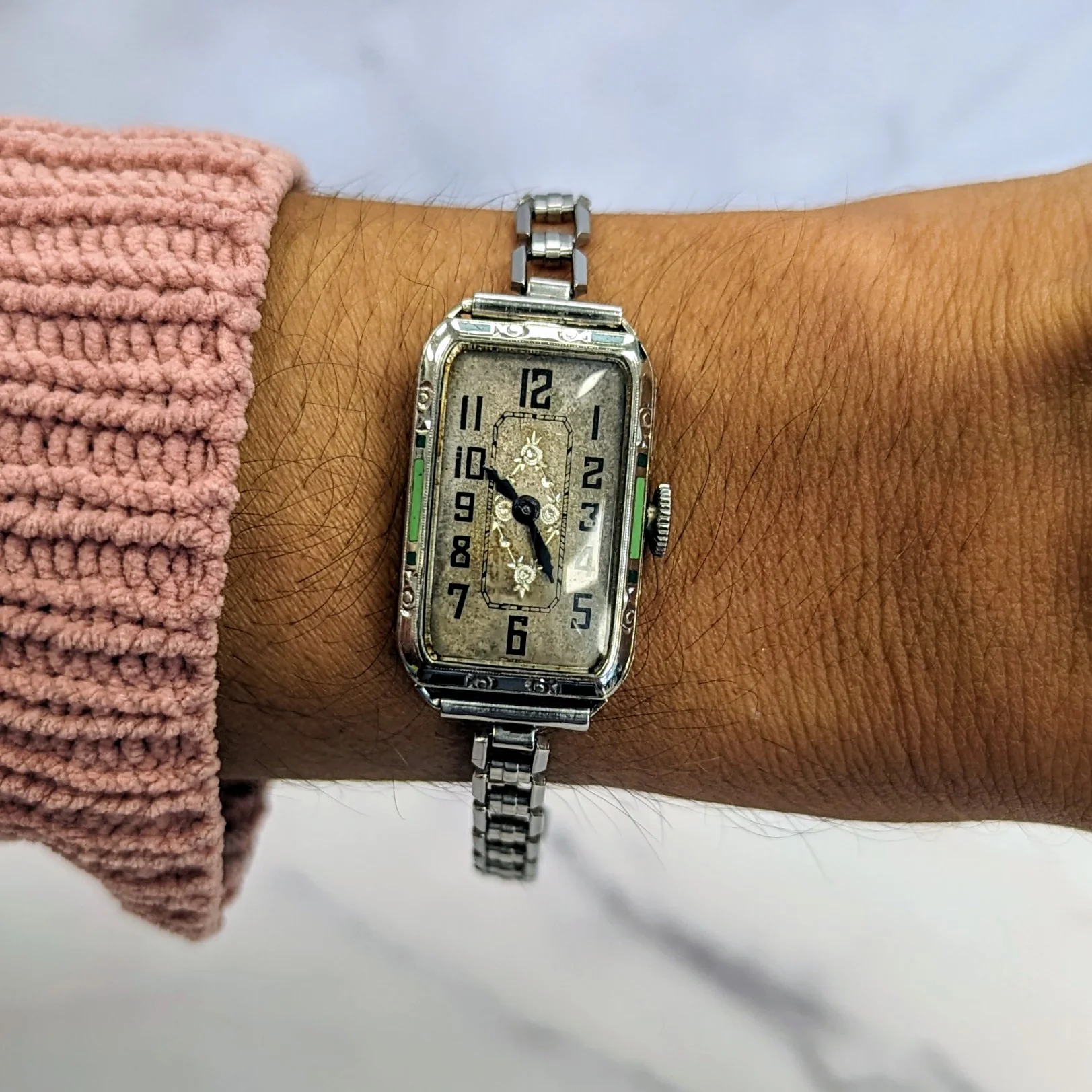 1932 ELGIN Art Deco Ladies Watch Grade 484 Black & Green Enamel Tank Case 15J - Image 9