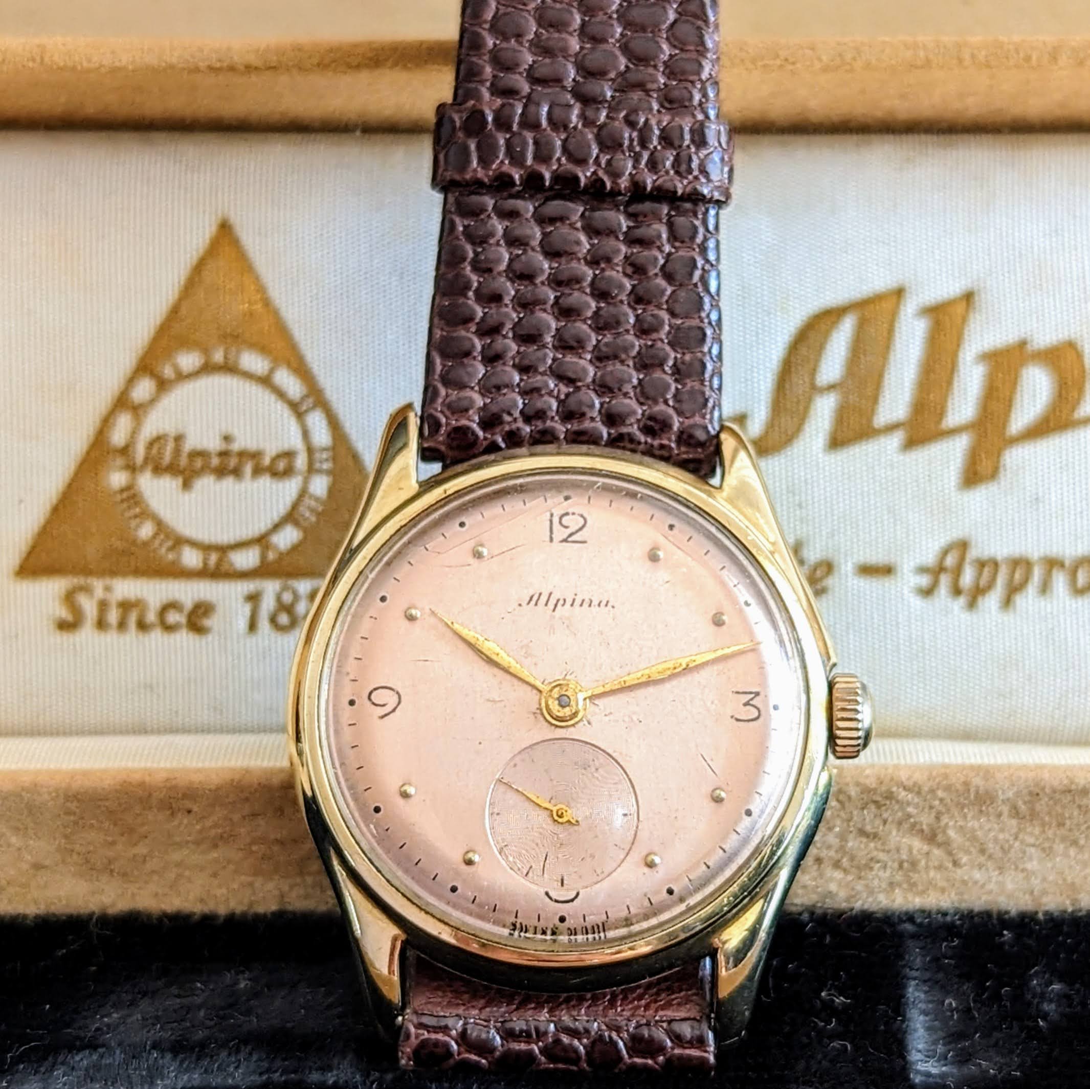 1940s ALPINA Watch 14K GOLD Vintage Wristwatch - Rose Gold Dial - Original BOX! - Image 10