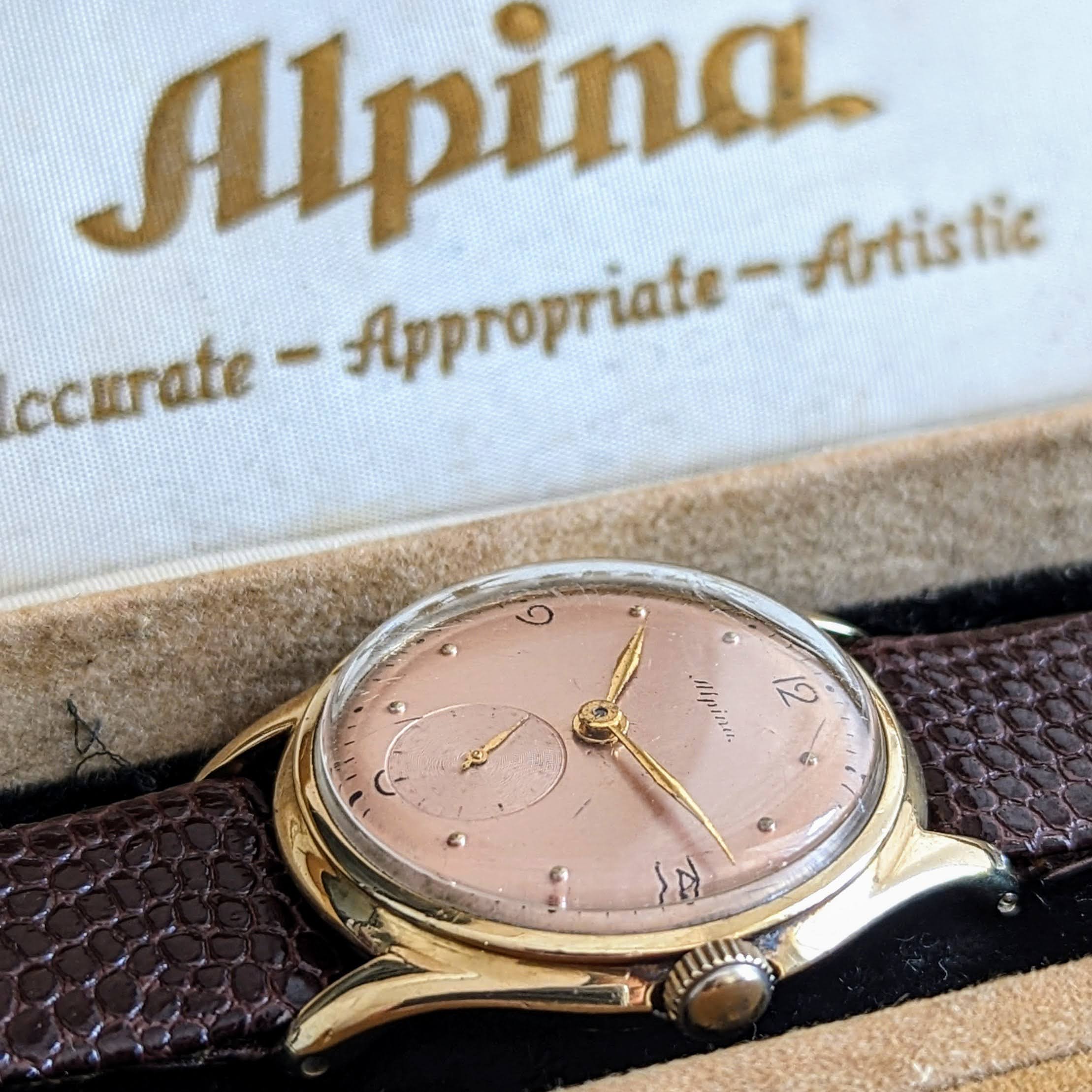 1940s ALPINA Watch 14K GOLD Vintage Wristwatch - Rose Gold Dial - Original BOX! - Image 11