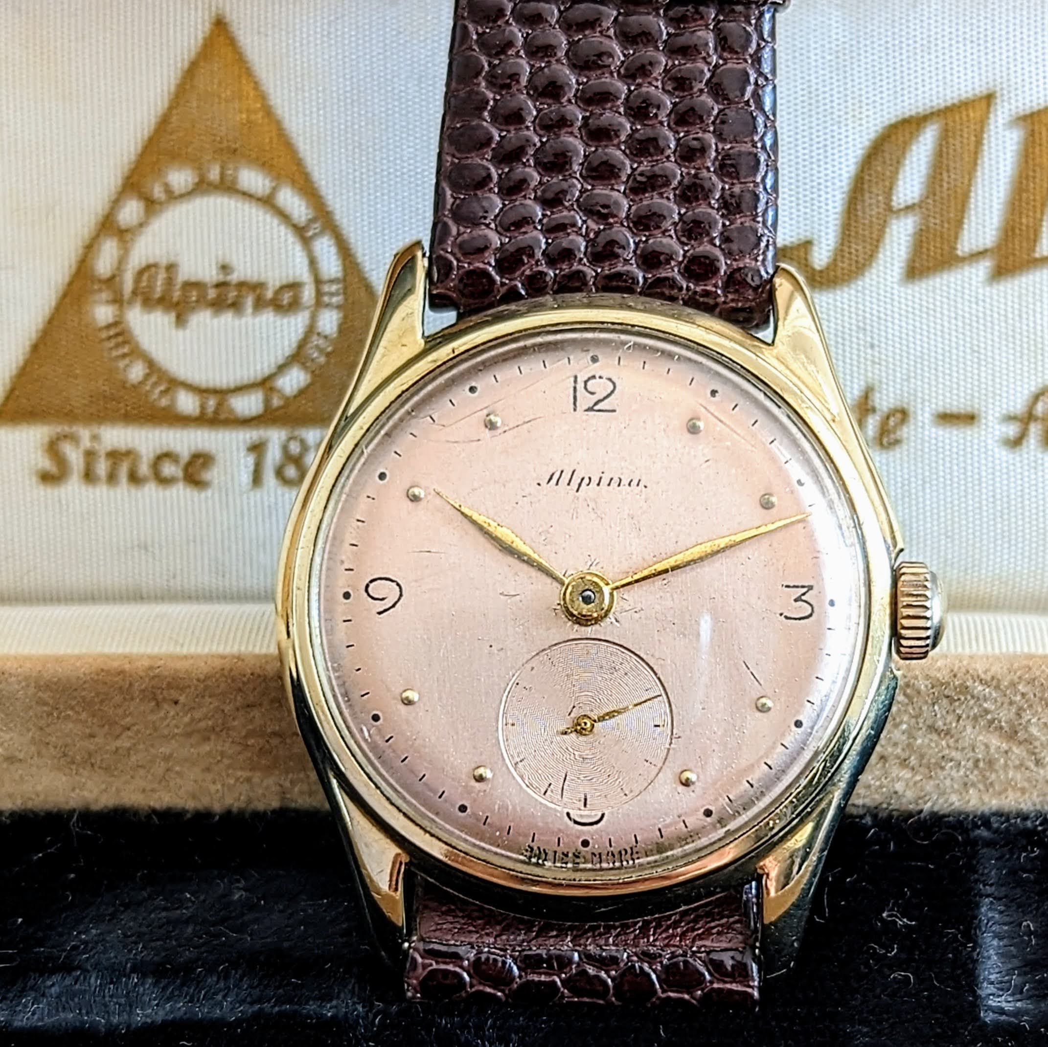 1940s ALPINA Watch 14K GOLD Vintage Wristwatch - Rose Gold Dial - Original BOX! - Image 14