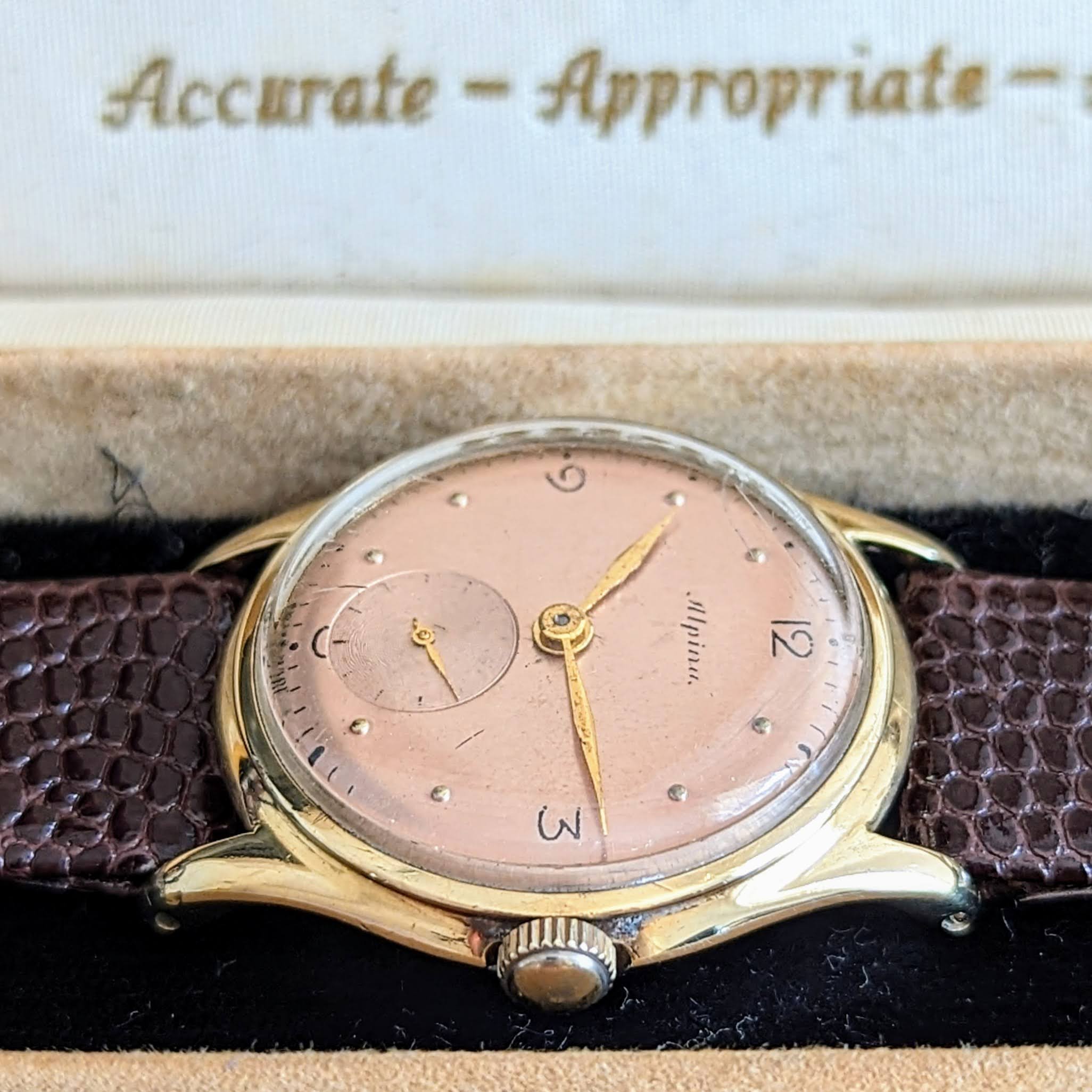 1940s ALPINA Watch 14K GOLD Vintage Wristwatch - Rose Gold Dial - Original BOX! - Image 3