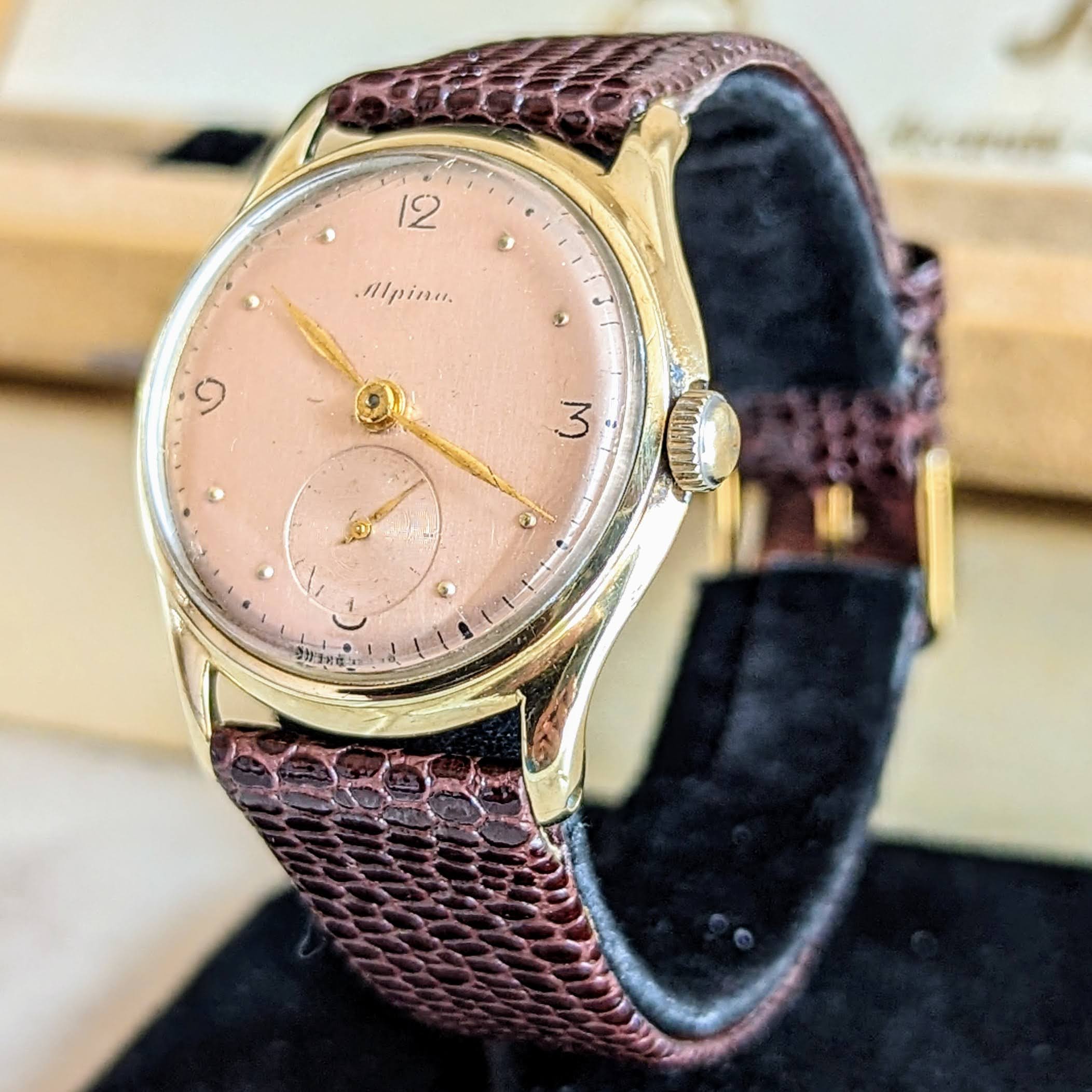 1940s ALPINA Watch 14K GOLD Vintage Wristwatch - Rose Gold Dial - Original BOX! - Image 4