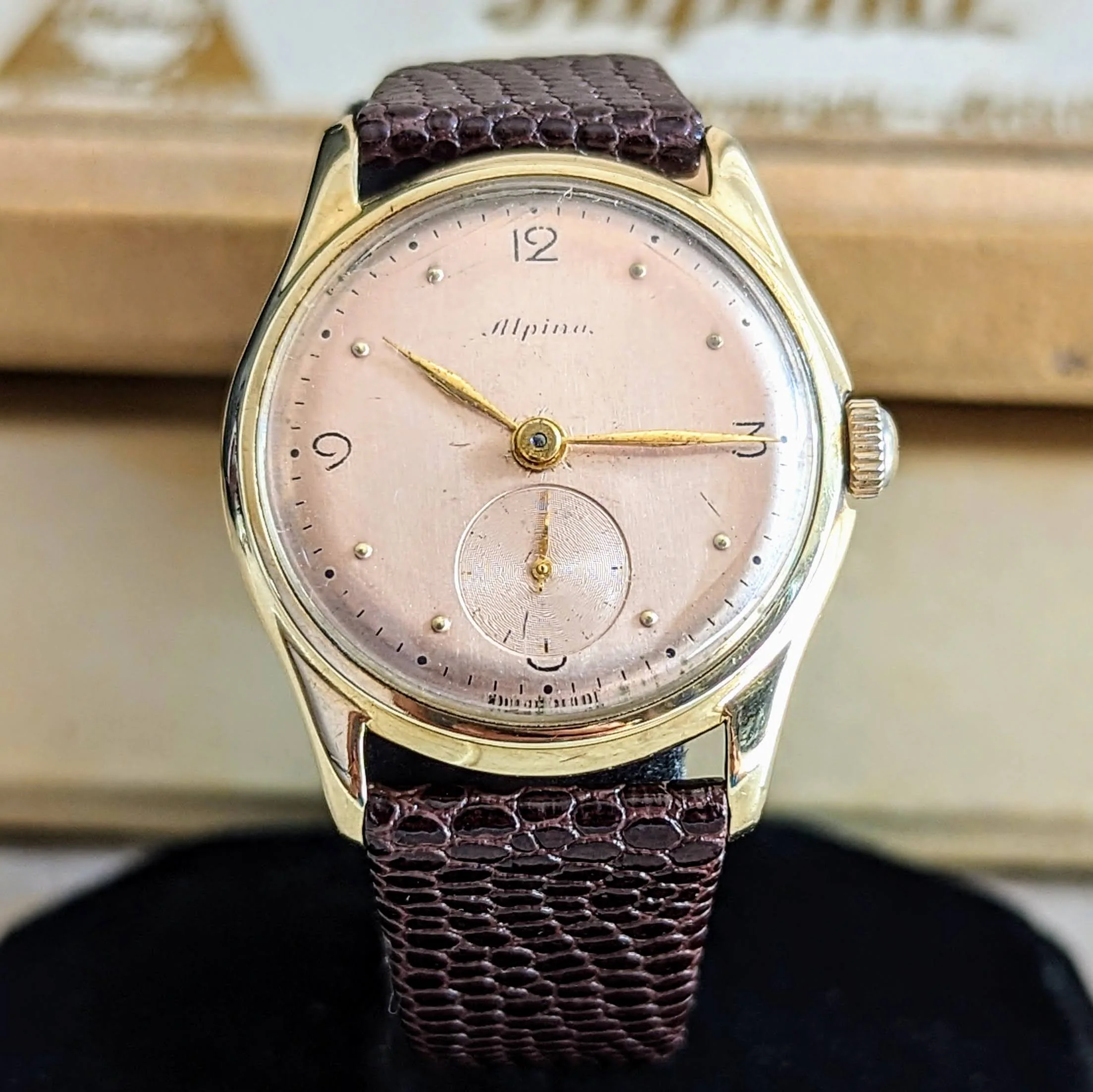 1940s ALPINA Watch 14K GOLD Vintage Wristwatch - Rose Gold Dial - Original BOX! - Image 5