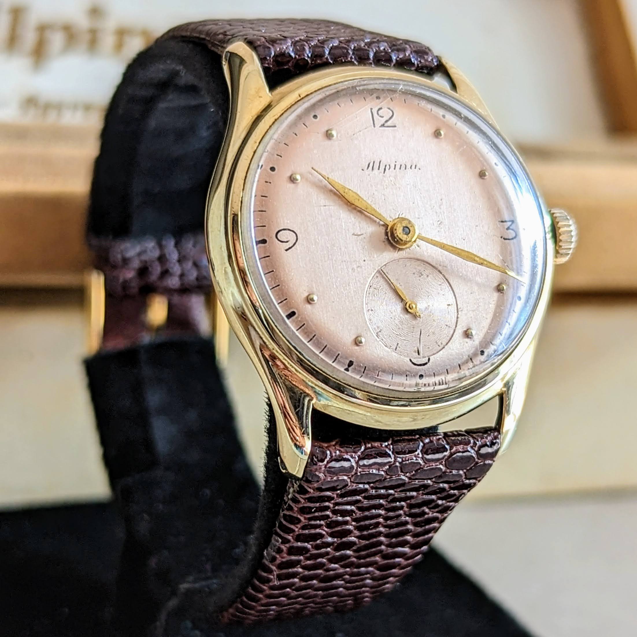 1940s ALPINA Watch 14K GOLD Vintage Wristwatch - Rose Gold Dial - Original BOX! - Image 7