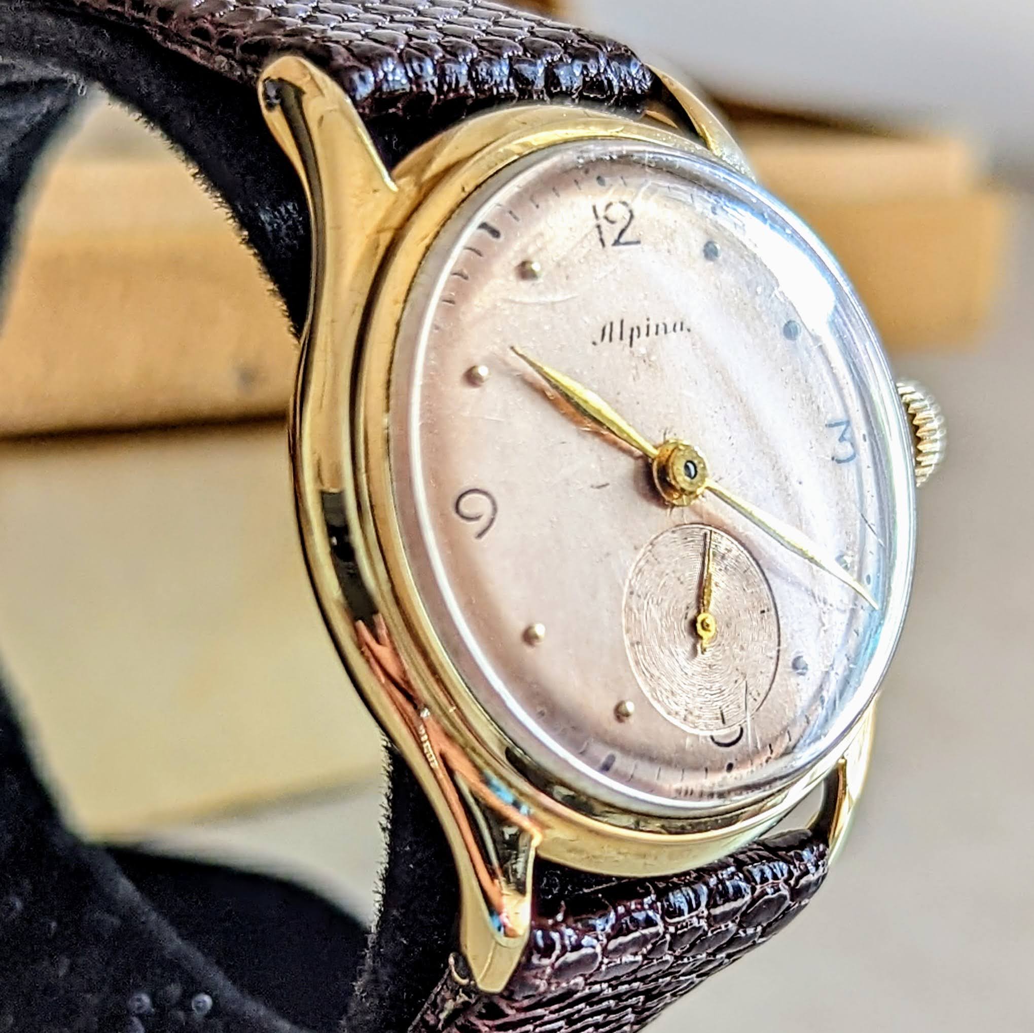 1940s ALPINA Watch 14K GOLD Vintage Wristwatch - Rose Gold Dial - Original BOX! - Image 8
