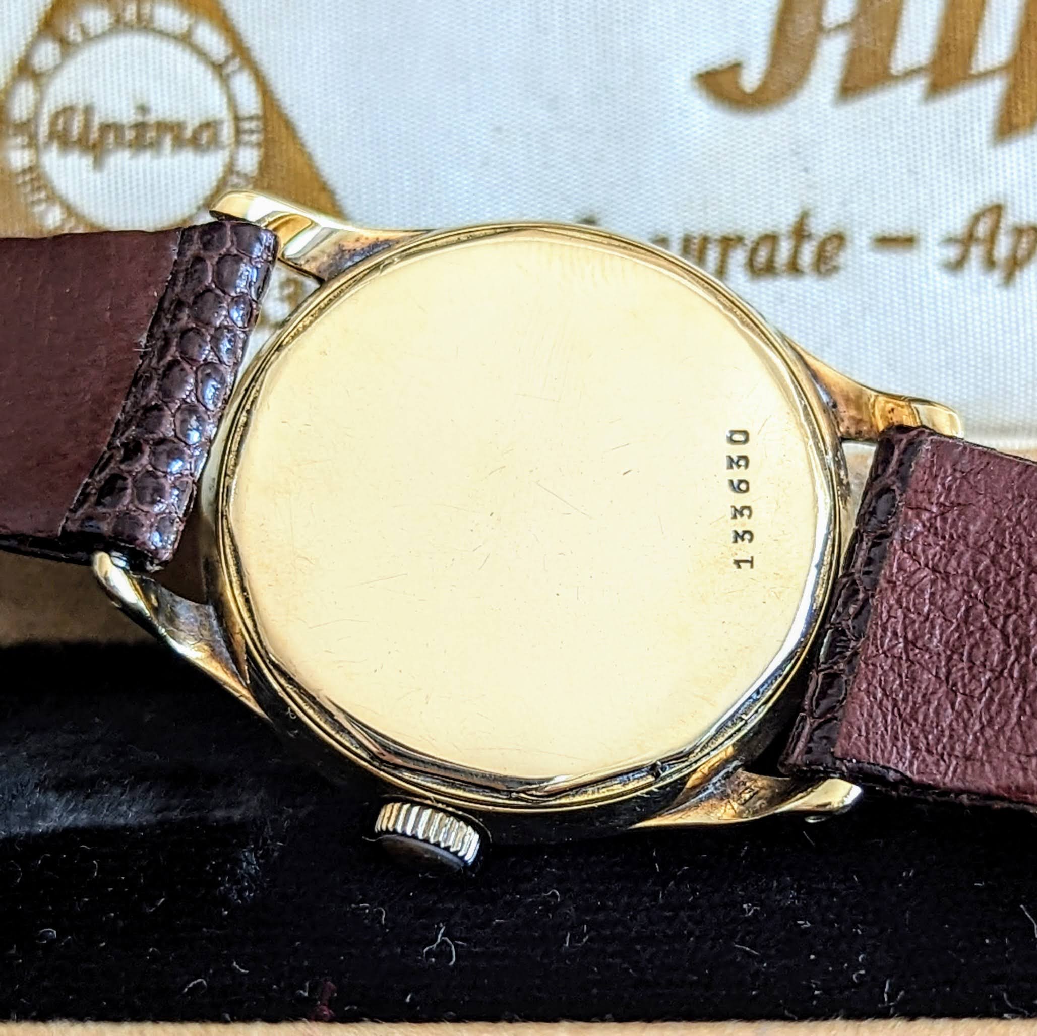 1940s ALPINA Watch 14K GOLD Vintage Wristwatch - Rose Gold Dial - Original BOX! - Image 9