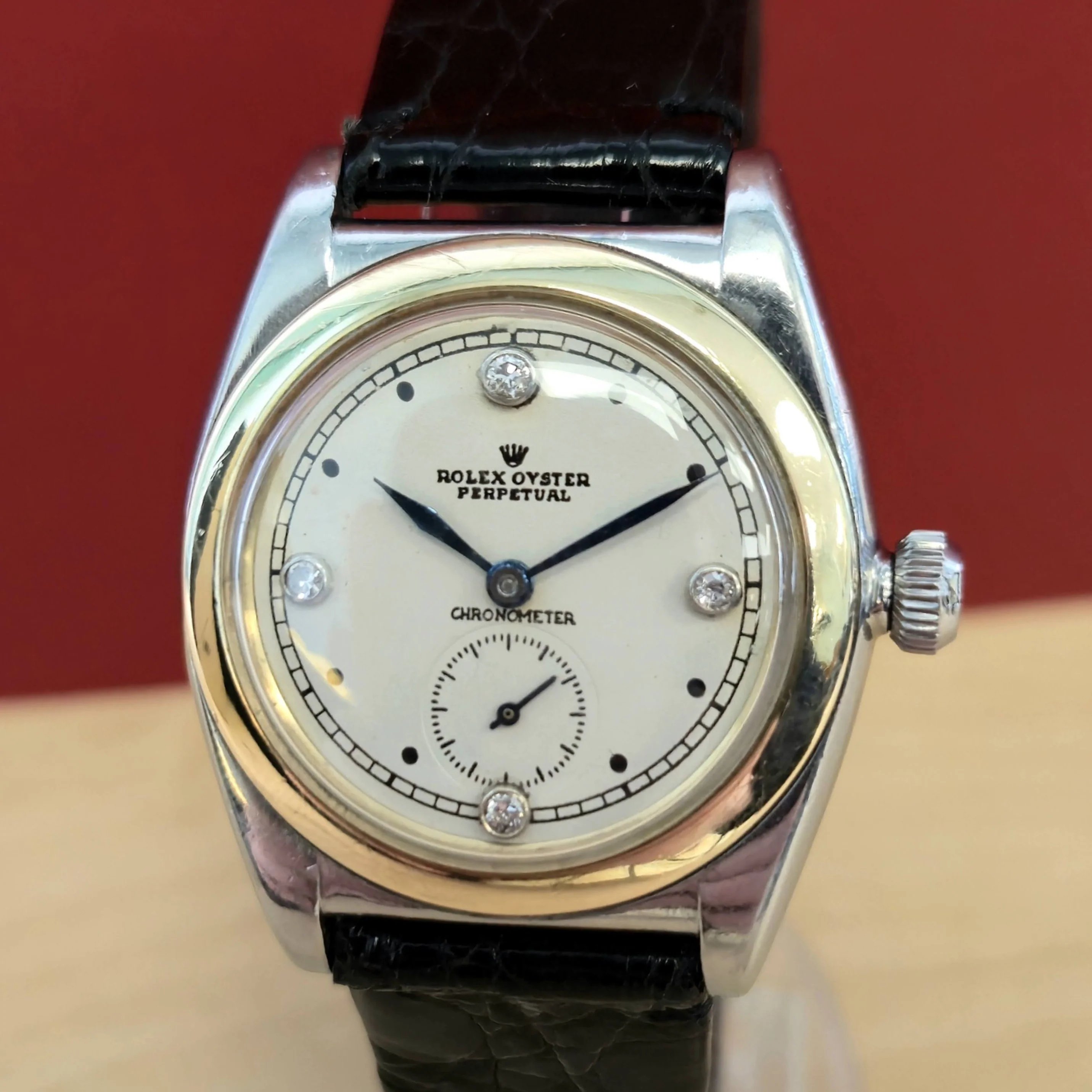 1936 Rolex Bubble Back Oyster Perpetual Chronometer Watch Diamond Dial Wristwatch