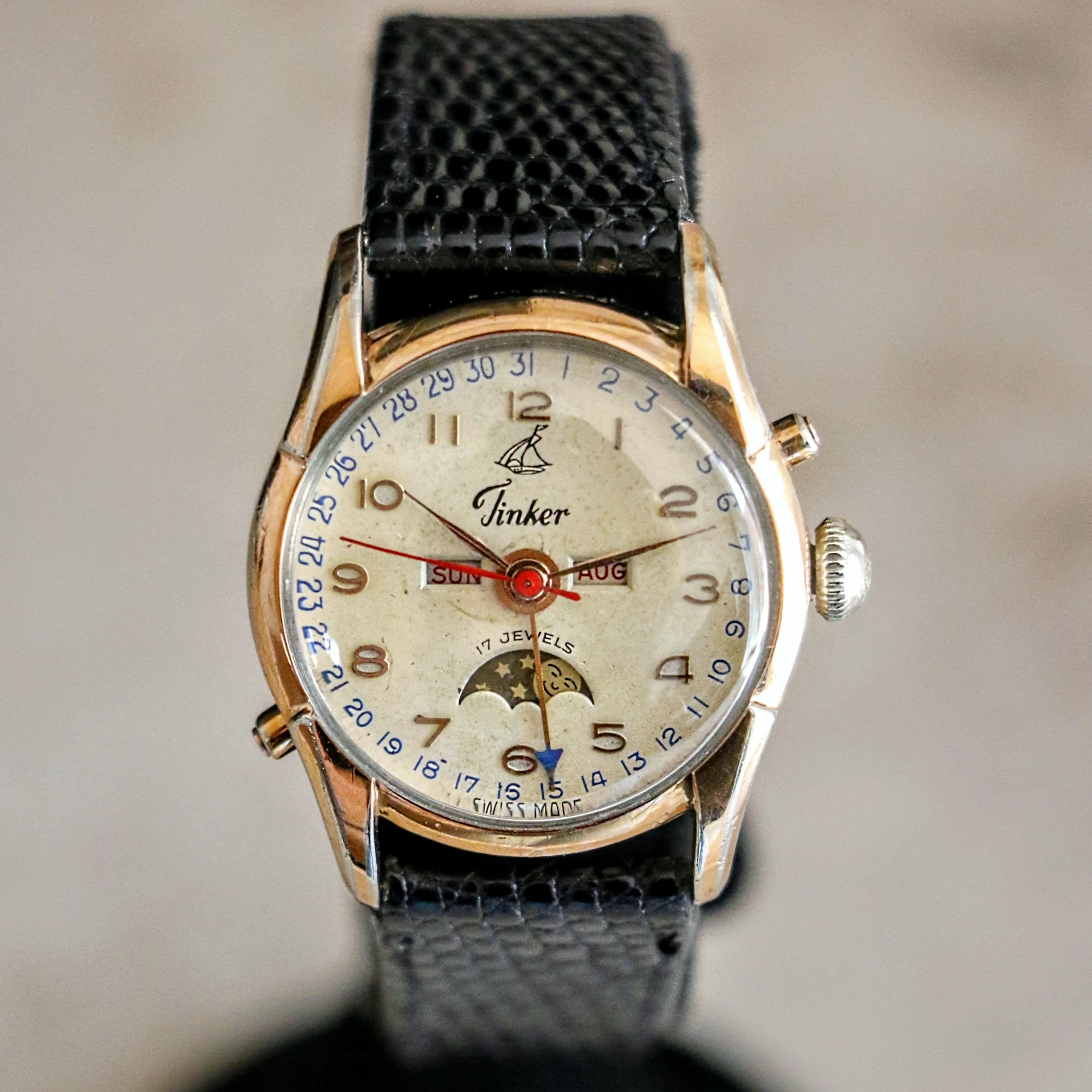 1940s TINKER Triple Calendar Moon Phase Wristwatch Cal. VALJOUX 89 Watch - Image 3