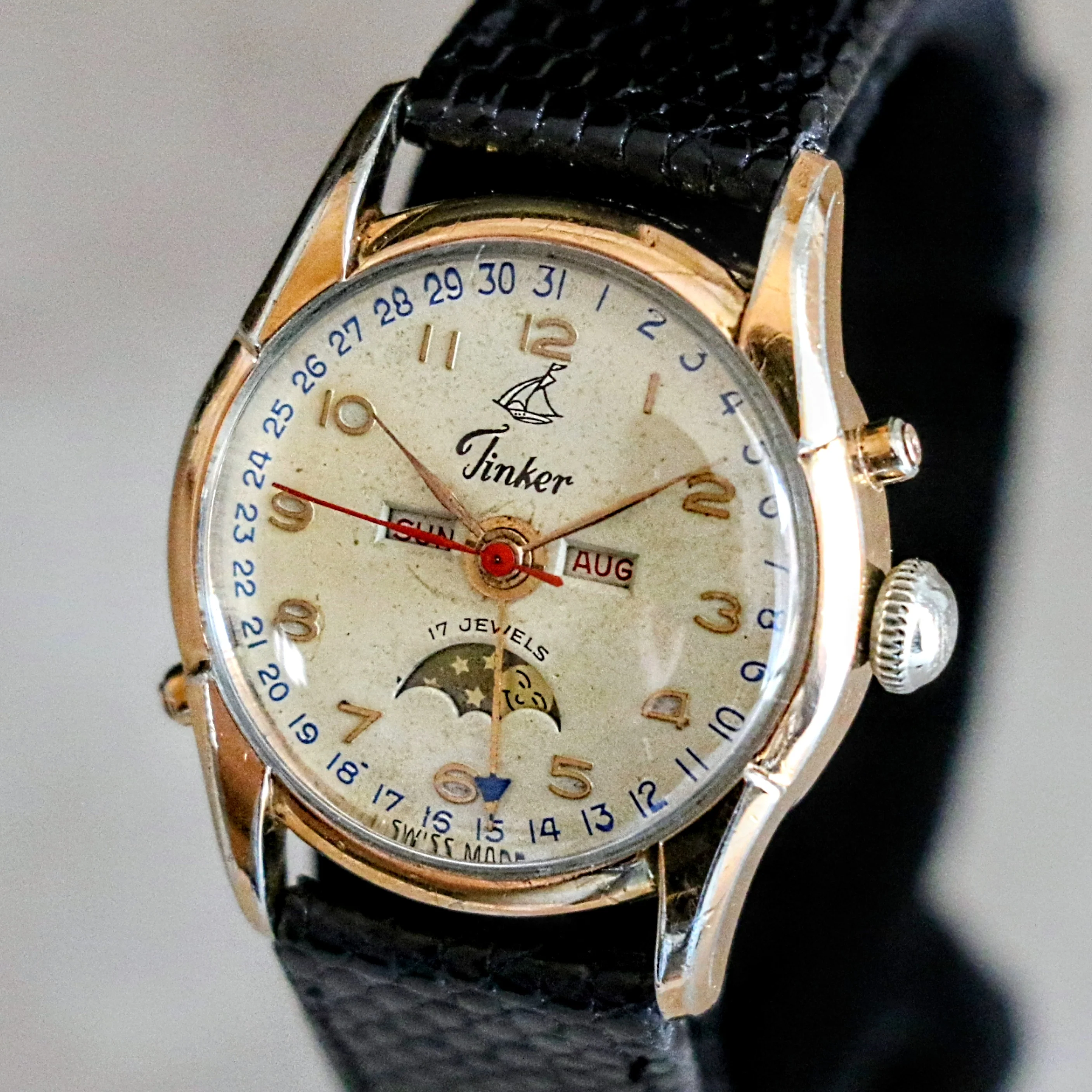 1940s TINKER Triple Calendar Moon Phase Wristwatch Cal. VALJOUX 89 Watch - Image 4