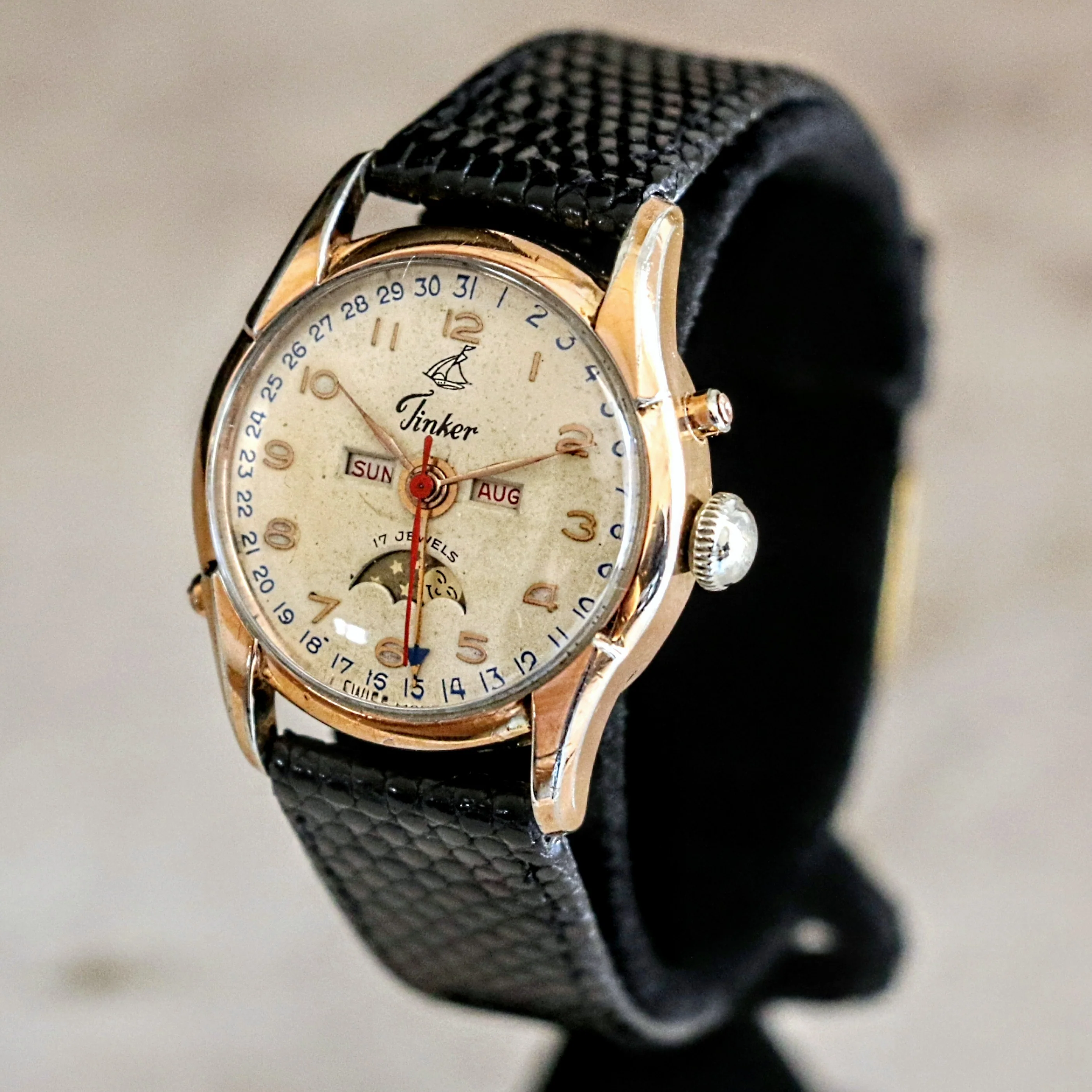 1940s TINKER Triple Calendar Moon Phase Wristwatch Cal. VALJOUX 89 Watch - Image 5
