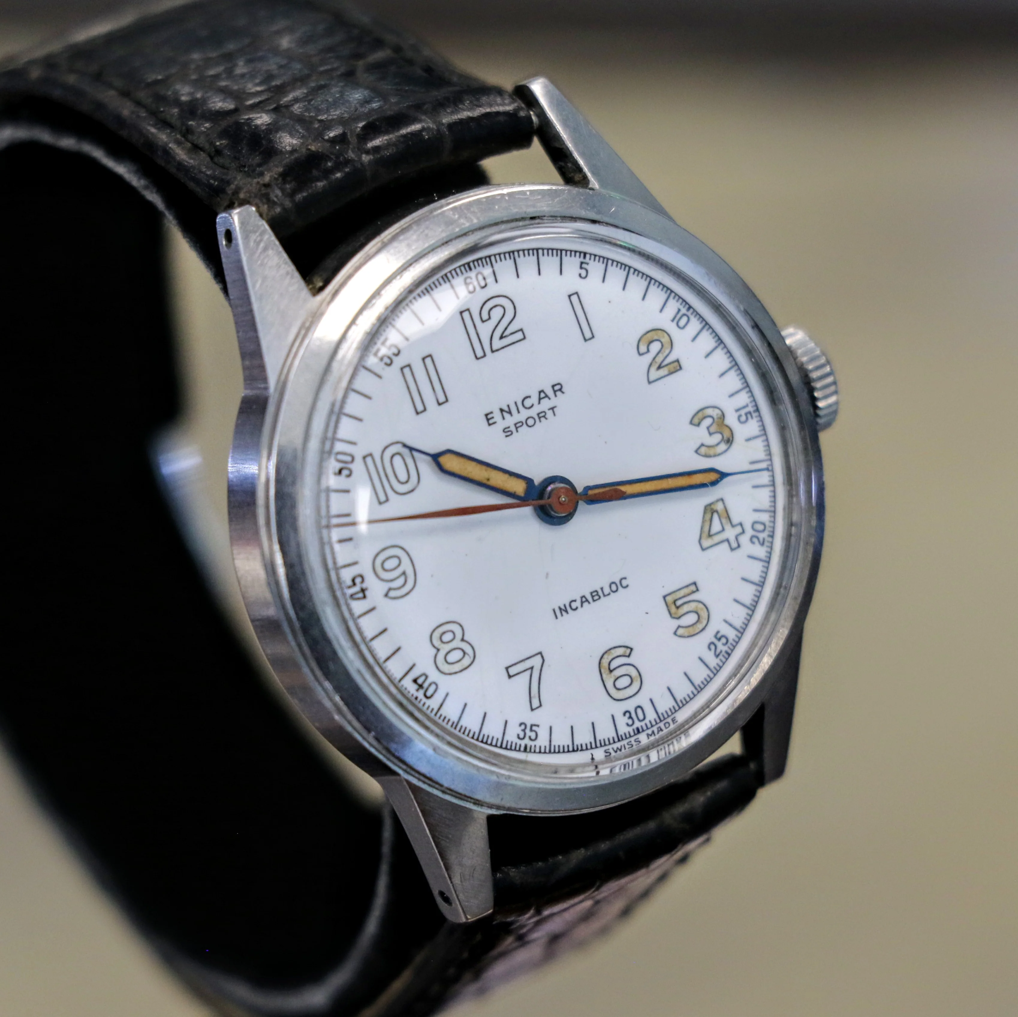 1950s ENICAR Sport Watch Incabloc Military Wristwatch Enamel Dial S.S. Case Swiss Made - Image 6