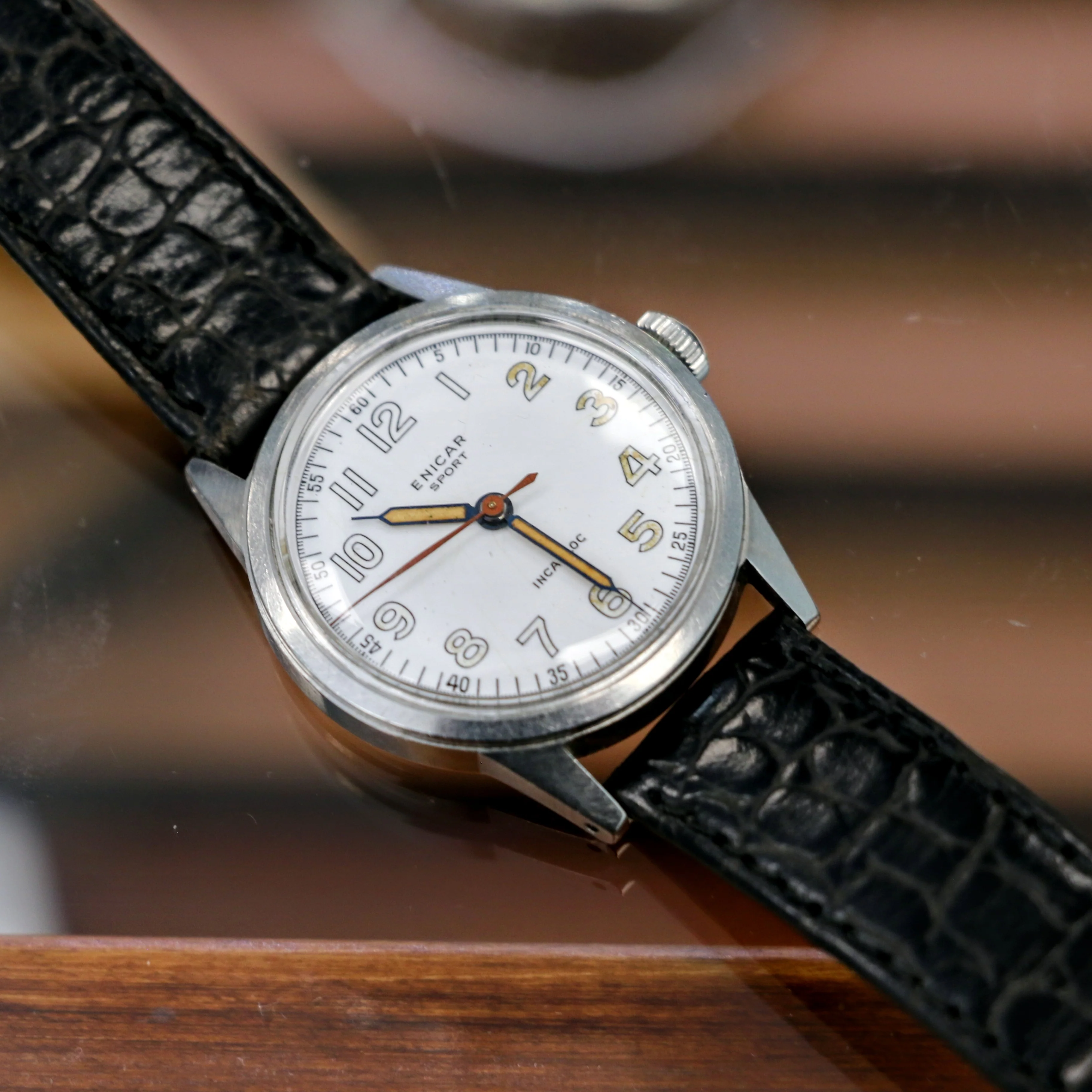 1950s ENICAR Sport Watch Incabloc Military Wristwatch Enamel Dial S.S. Case Swiss Made - Image 8