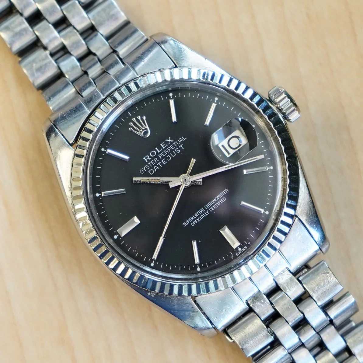 1966 ROLEX Datejust Watch Ref. 1601 Black Dial 36mm ALL S.S. & 18K White Gold Bezel Jubilee Bracelet - Image 6