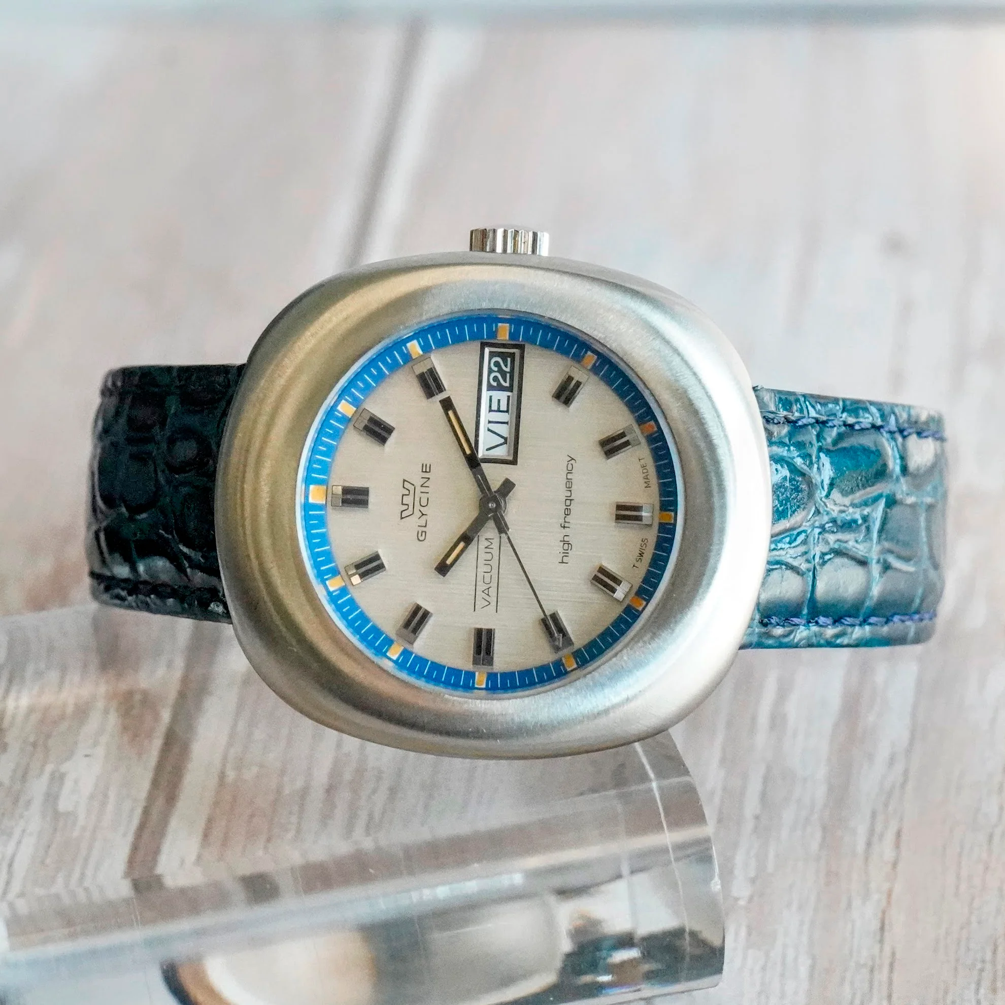 1970s NOS Glycine Vacuum High Frequency Mechanical Watch 343.111 Day/Date 38mm S.S. - Image 5