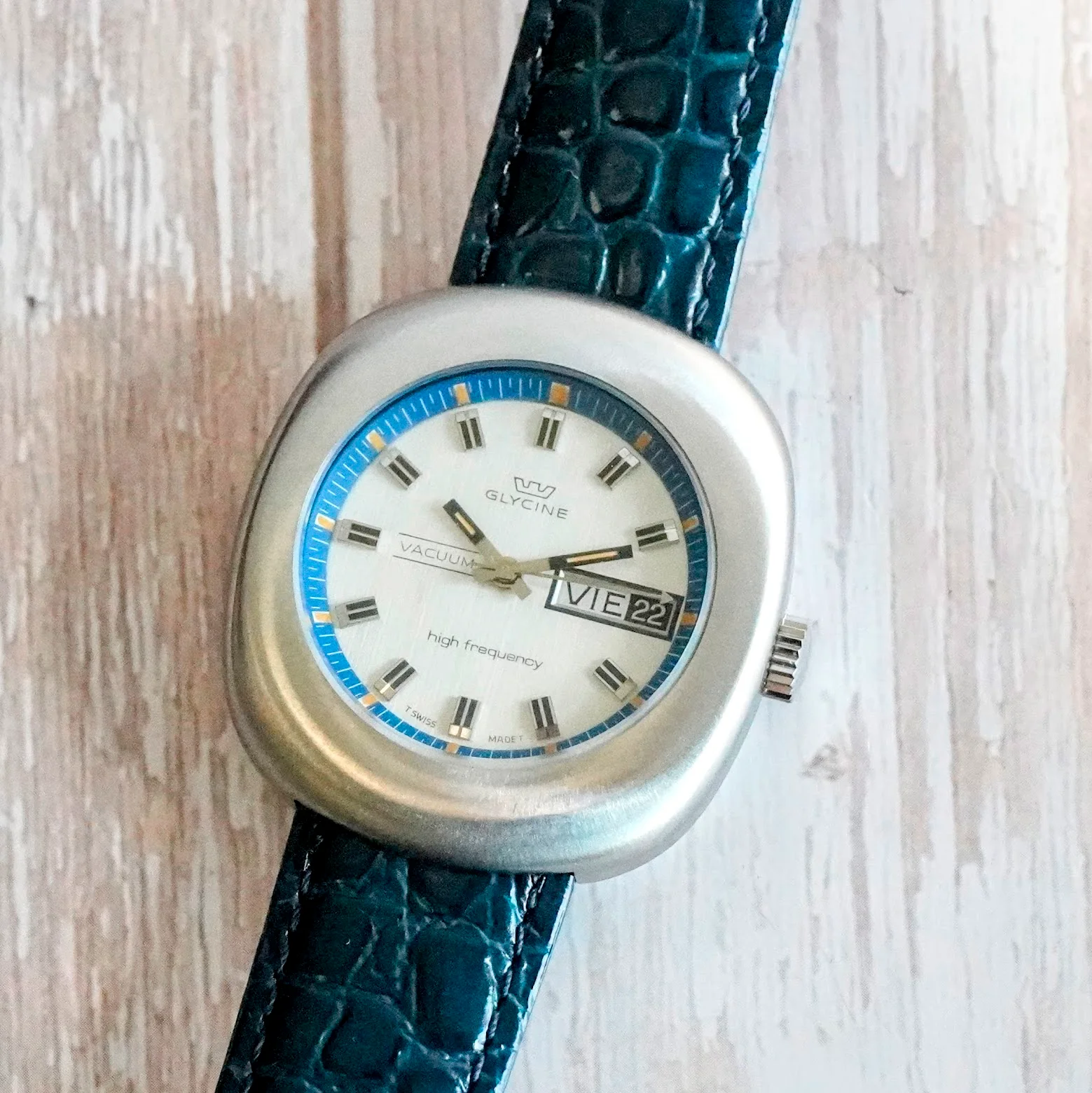 1970s NOS Glycine Vacuum High Frequency Mechanical Watch 343.111 Day/Date 38mm S.S. - Image 8
