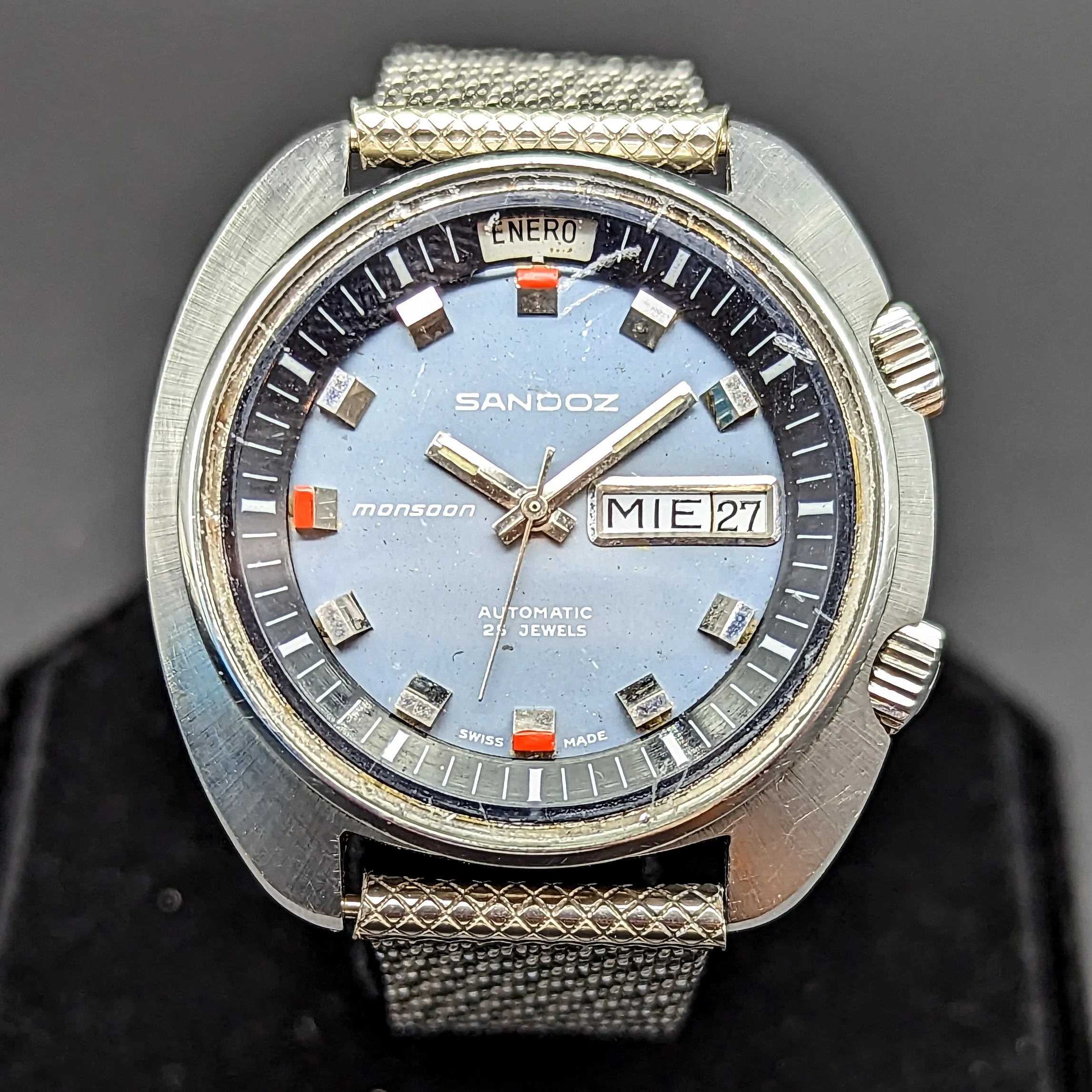 1970s SANDOZ Monsoon Automatic Watch Triple Date Swiss Made Wristwatch - Image 2