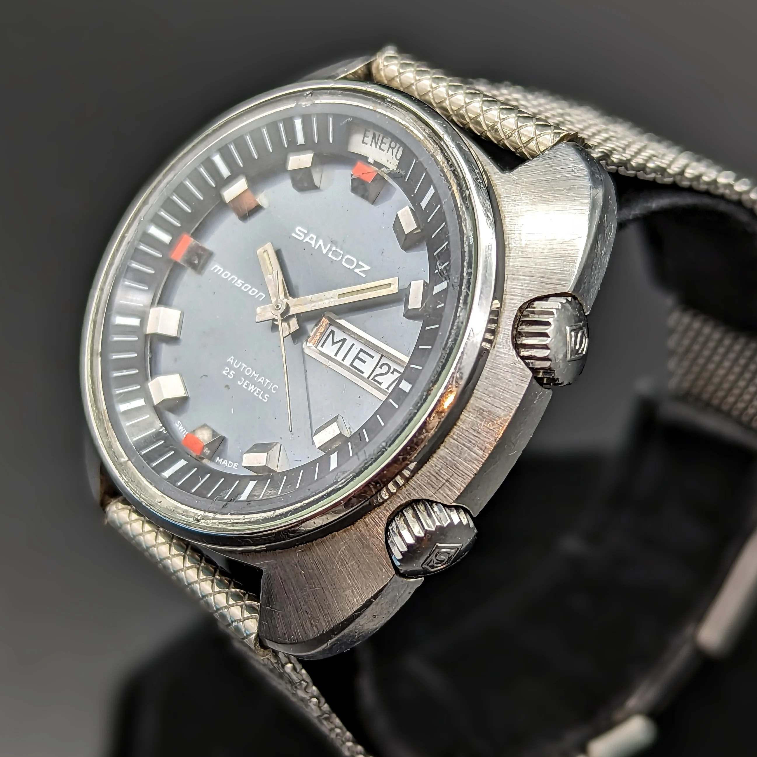 1970s SANDOZ Monsoon Automatic Watch Triple Date Swiss Made Wristwatch - Image 6