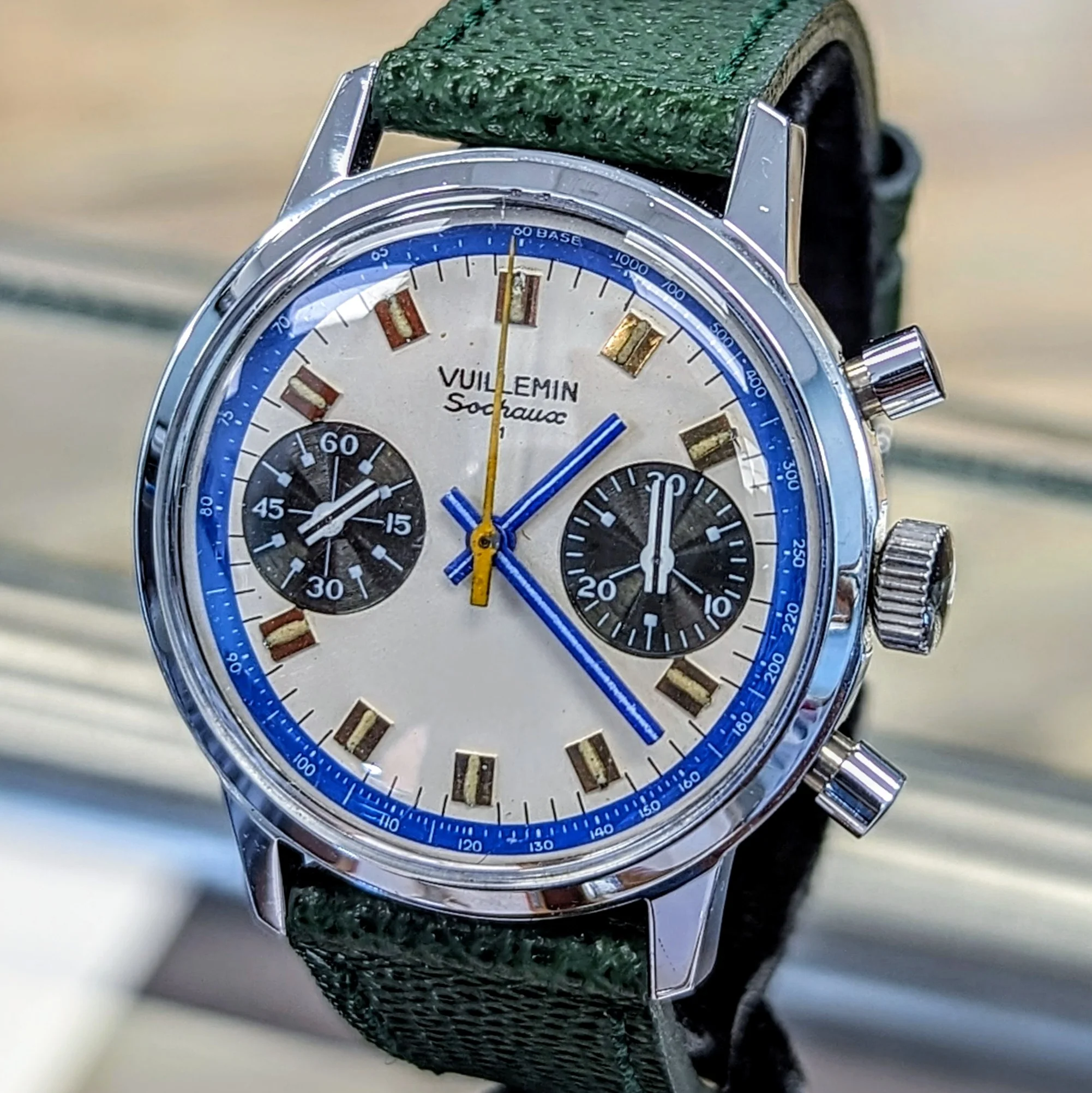 1970s VUILLEMIN Sochaux Chronograph Wristwatch by Croton Watch Co. Valjoux 7733 Panda-Style Dial