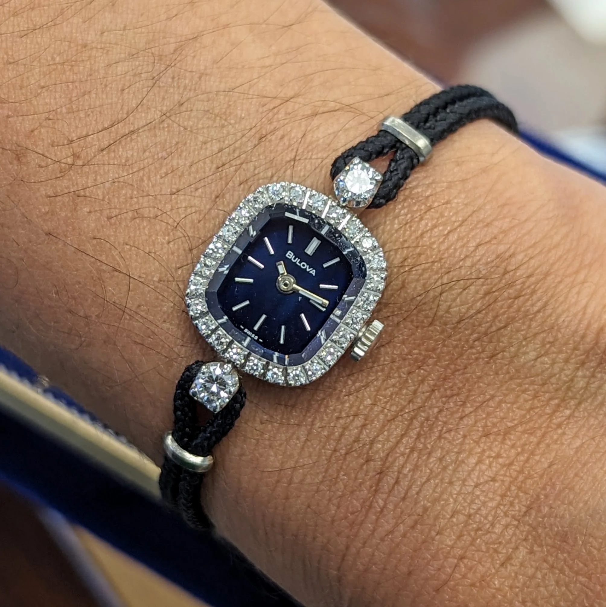 1978 BULOVA "Seville Collection" Ladies Watch 14K White Gold Diamond Bezel Blue Dial - IN BOX! - Image 13