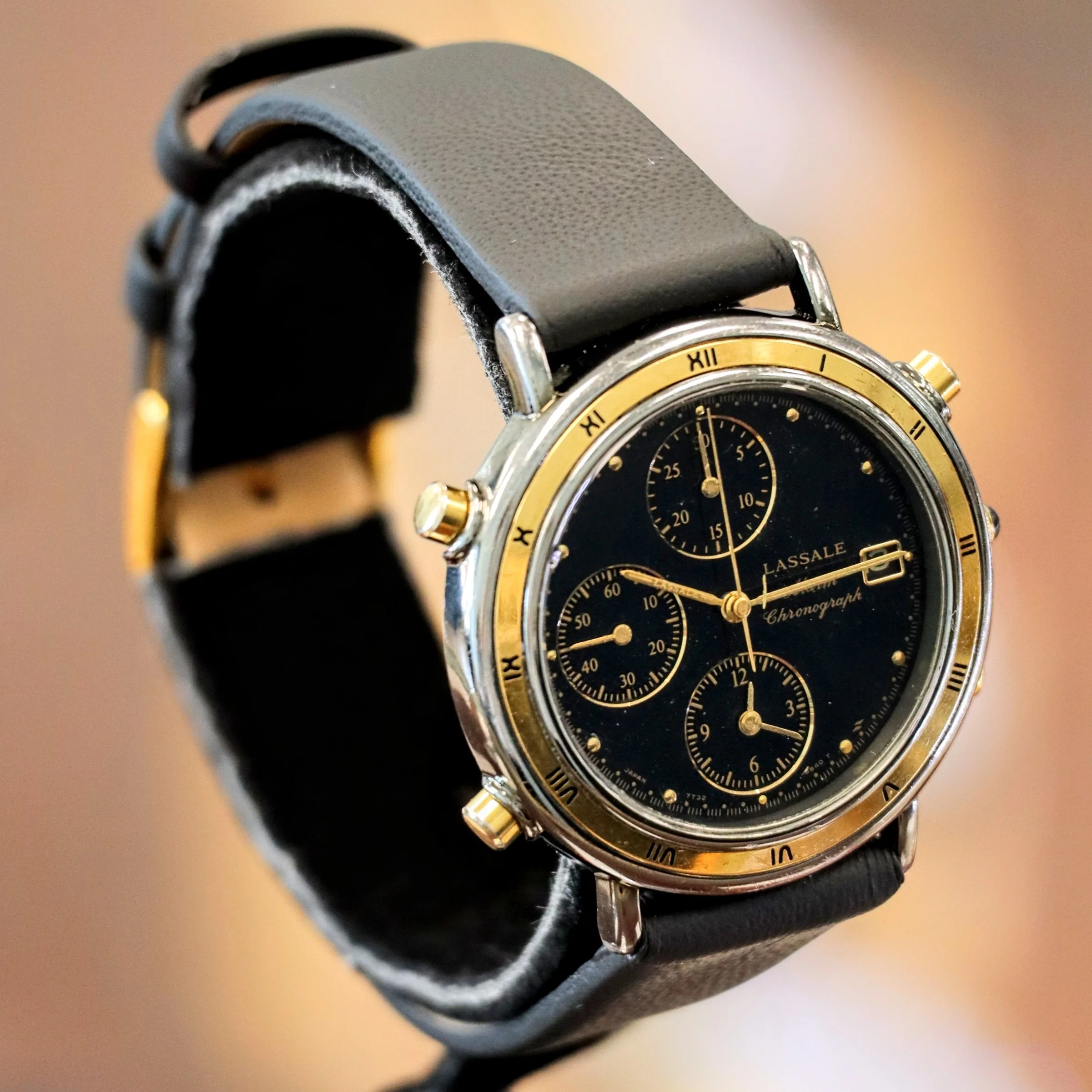1994 Seiko LASSALE Alarm Chronograph Watch 7T32-6B39 Black Dial Wristwatch - Image 3
