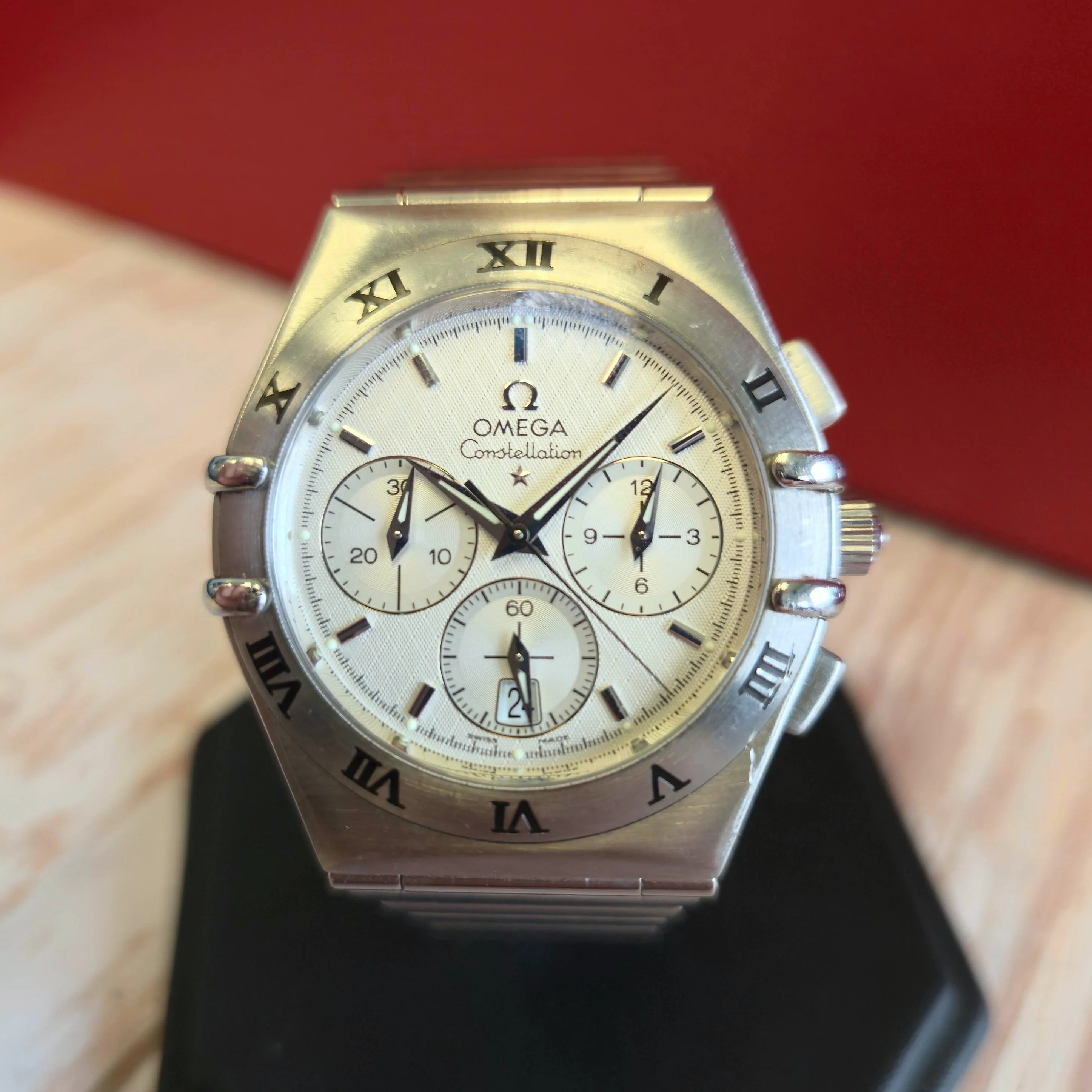 1998 Omega Constellation Chronograph Watch 1542.30 "Double Eagle" 39mm ALL S.S.