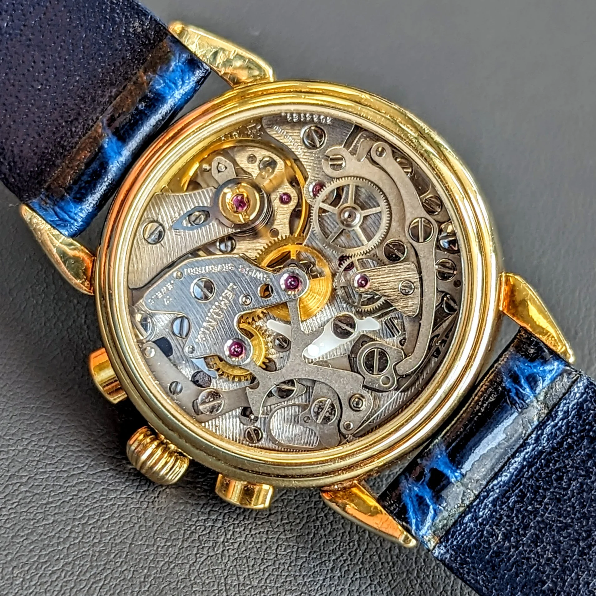 A.E.W.C. Chronograph Watch 18K Gold 17 Jewels Display Back 15108.2 Lemania Movement - Image 14