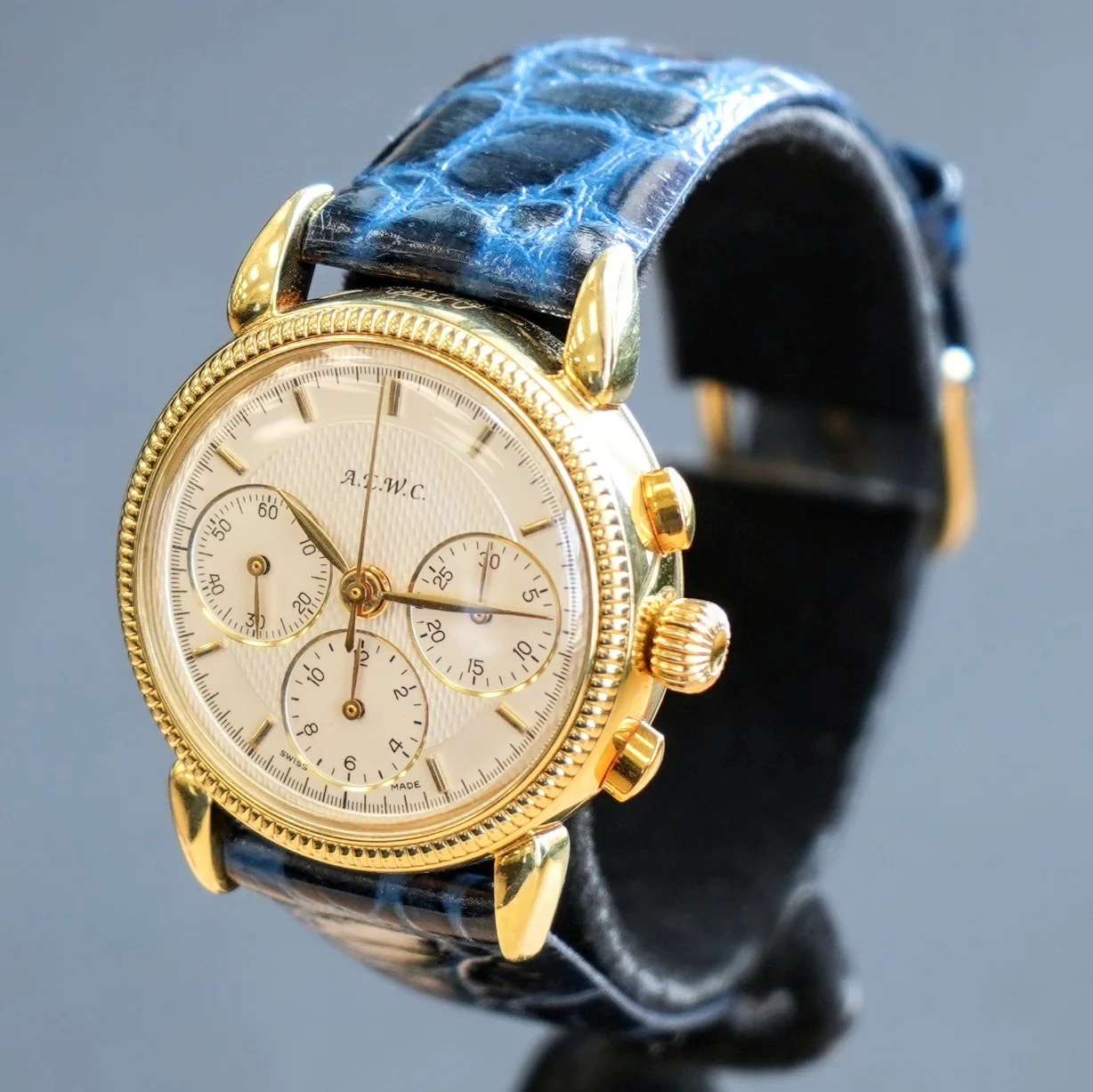 A.E.W.C. Chronograph Watch 18K Gold 17 Jewels Display Back 15108.2 Lemania Movement - Image 3
