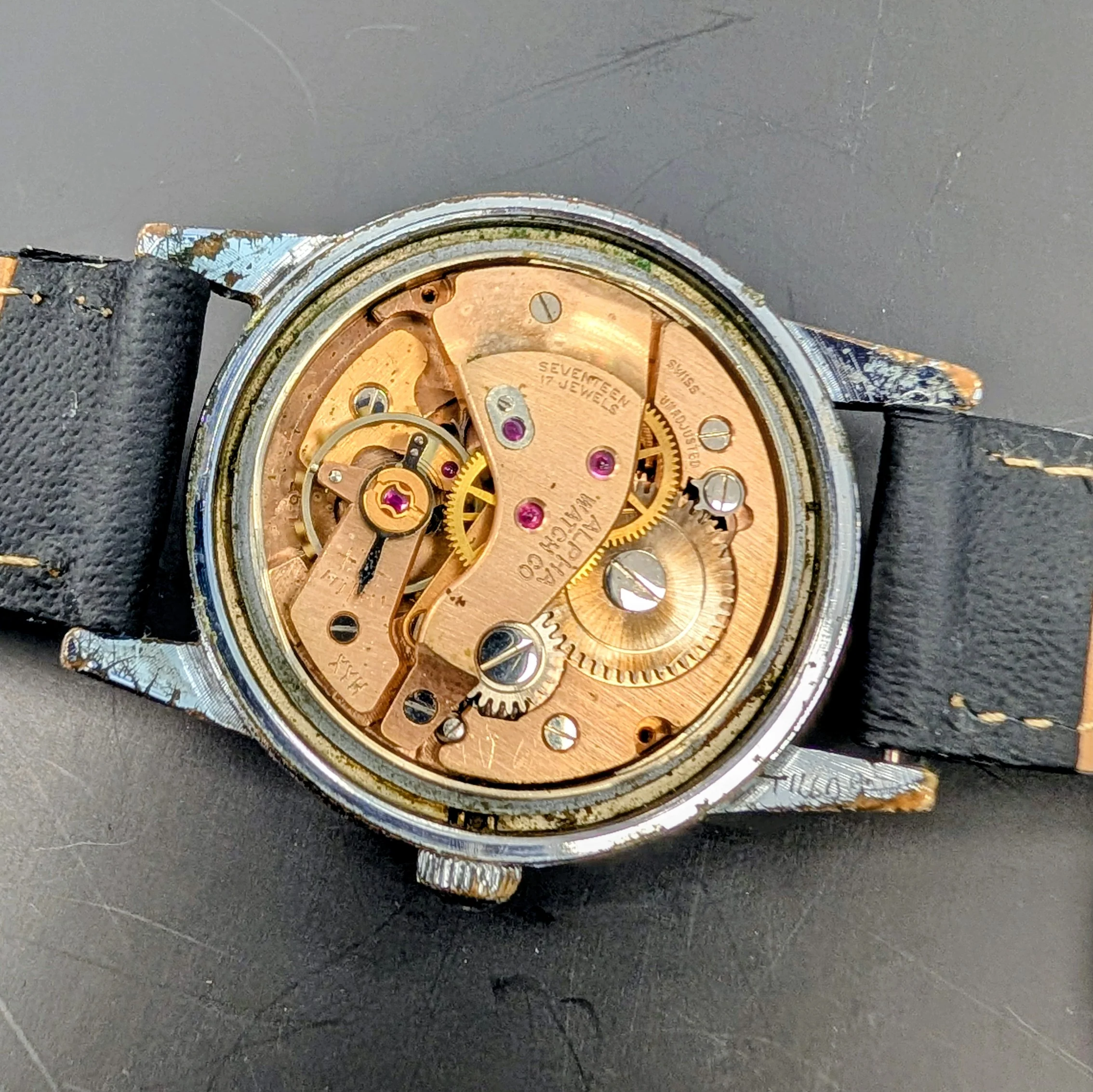 Vintage Alpha 24-Hour Dial Military Watch 17 Jewels 33mm FHF 28 Swiss Wristwatch - Image 11