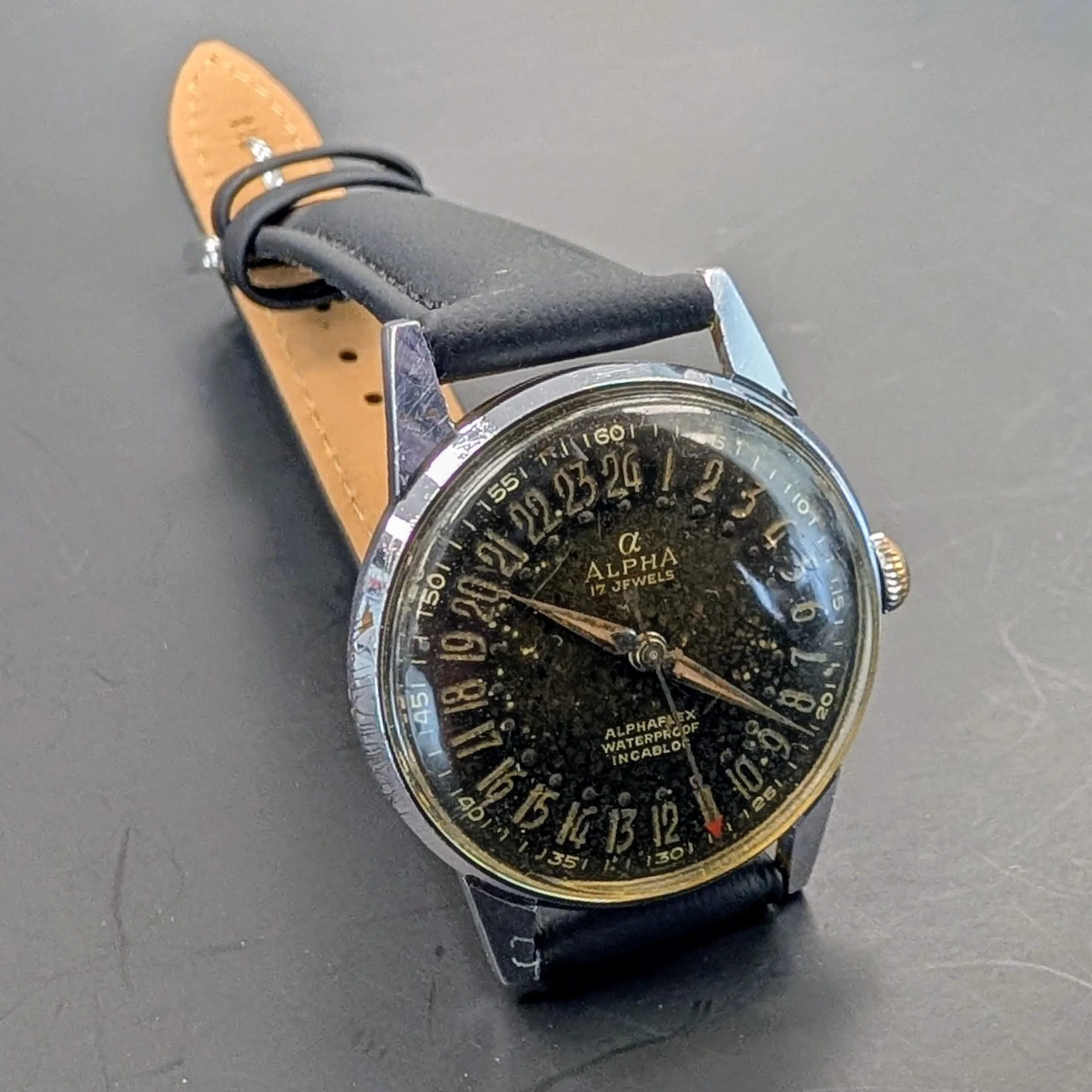 Vintage Alpha 24-Hour Dial Military Watch 17 Jewels 33mm FHF 28 Swiss Wristwatch - Image 8