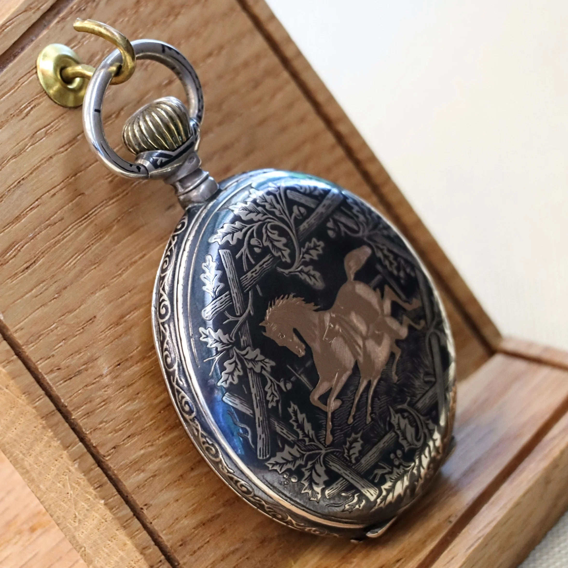Antique 1900s Swiss Pocket Watch Lever Set Hunter Niello .800 Silver & Rose Gold Inlay Case 15 Rubis - Image 7