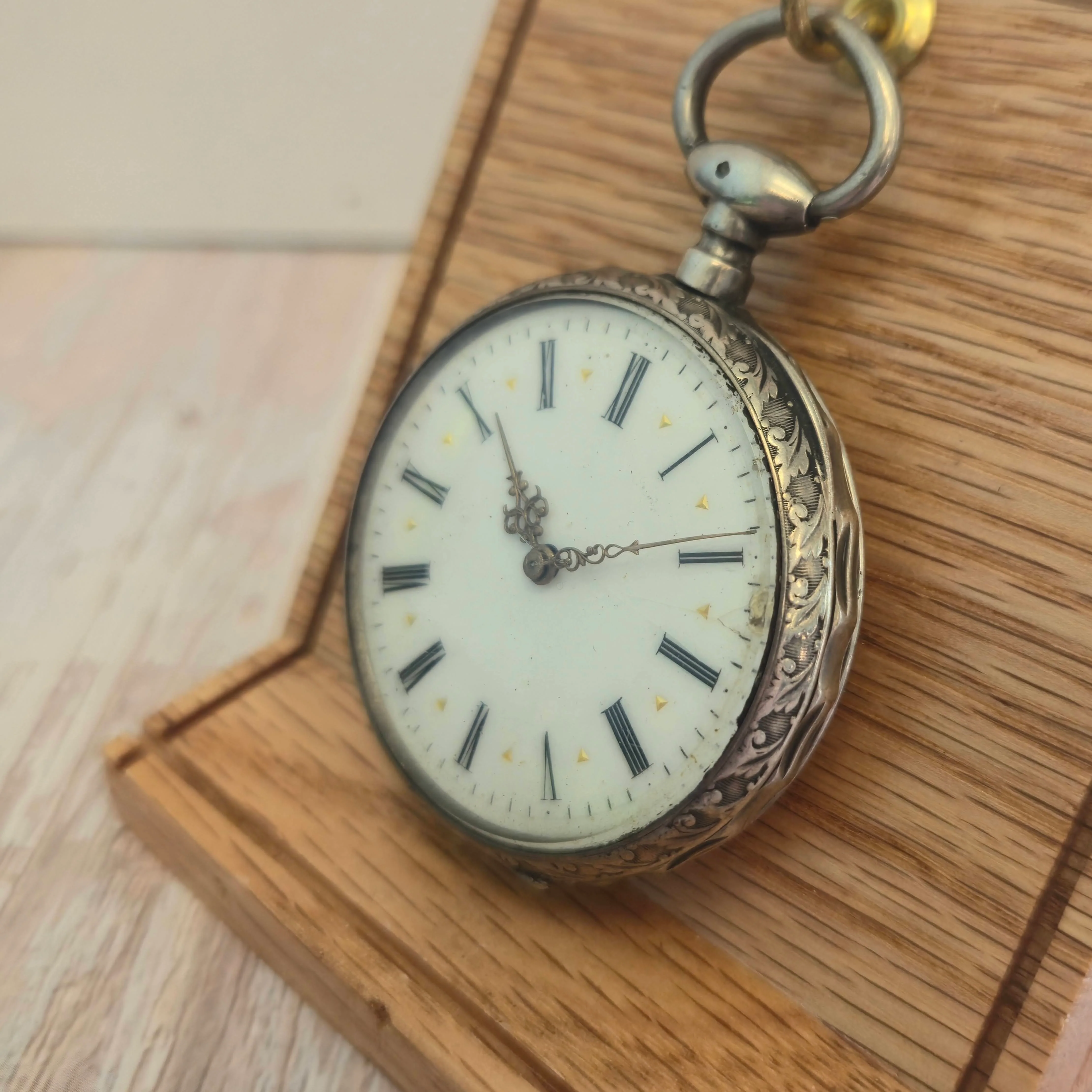 Vintage Swiss Pocket Watch Openface Key-Wind W/Key Silver Case Roman Numerals Dial - Image 2