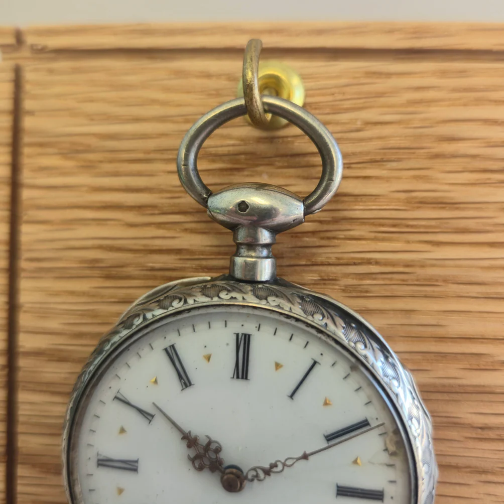 Vintage Swiss Pocket Watch Openface Key-Wind W/Key Silver Case Roman Numerals Dial - Image 4
