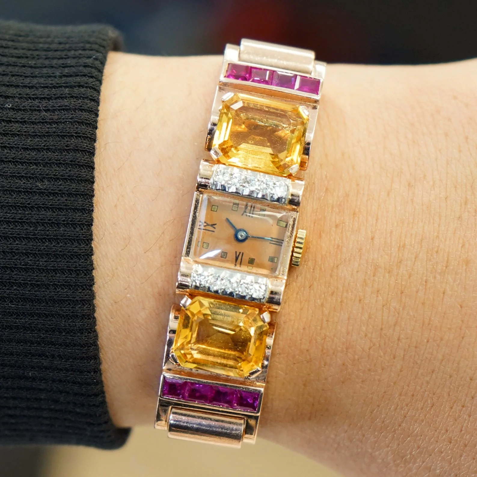 Art Deco Ladies' 14K Rose Gold Cocktail Watch Diamonds, Citrines, & Rubies Wristwatch by Pery - Image 10