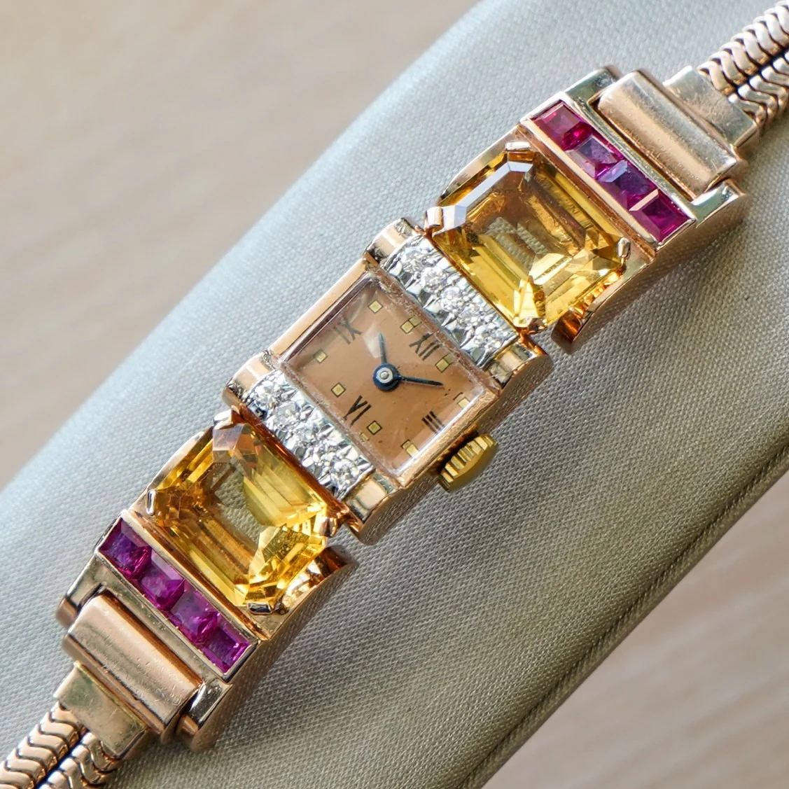 Art Deco Ladies' 14K Rose Gold Cocktail Watch Diamonds, Citrines, & Rubies Wristwatch by Pery - Image 2