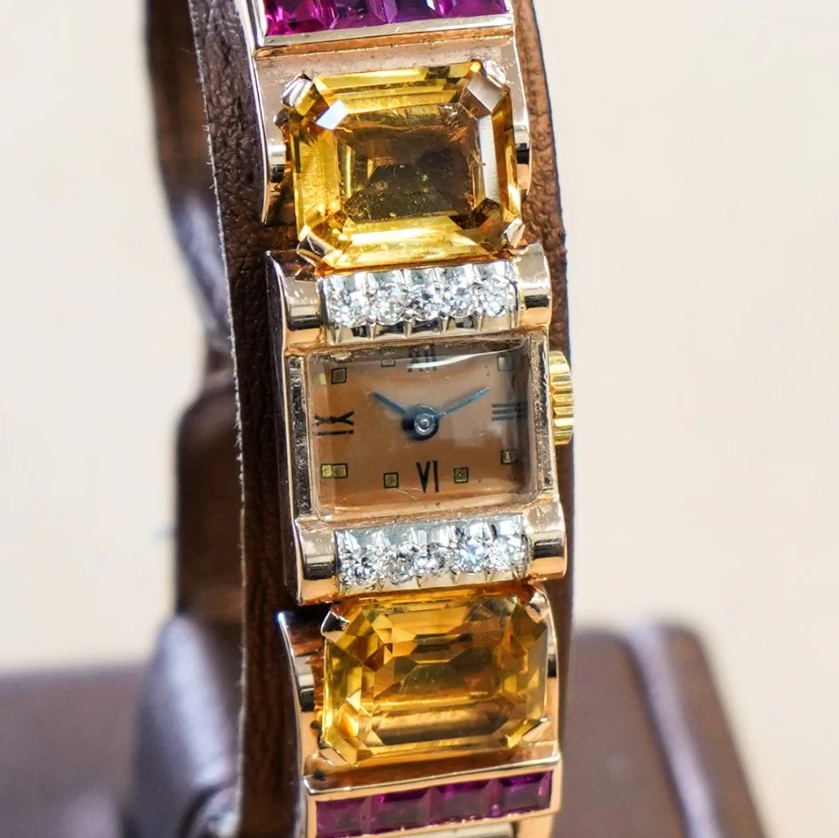 Art Deco Ladies' 14K Rose Gold Cocktail Watch Diamonds, Citrines, & Rubies Wristwatch by Pery - Image 20