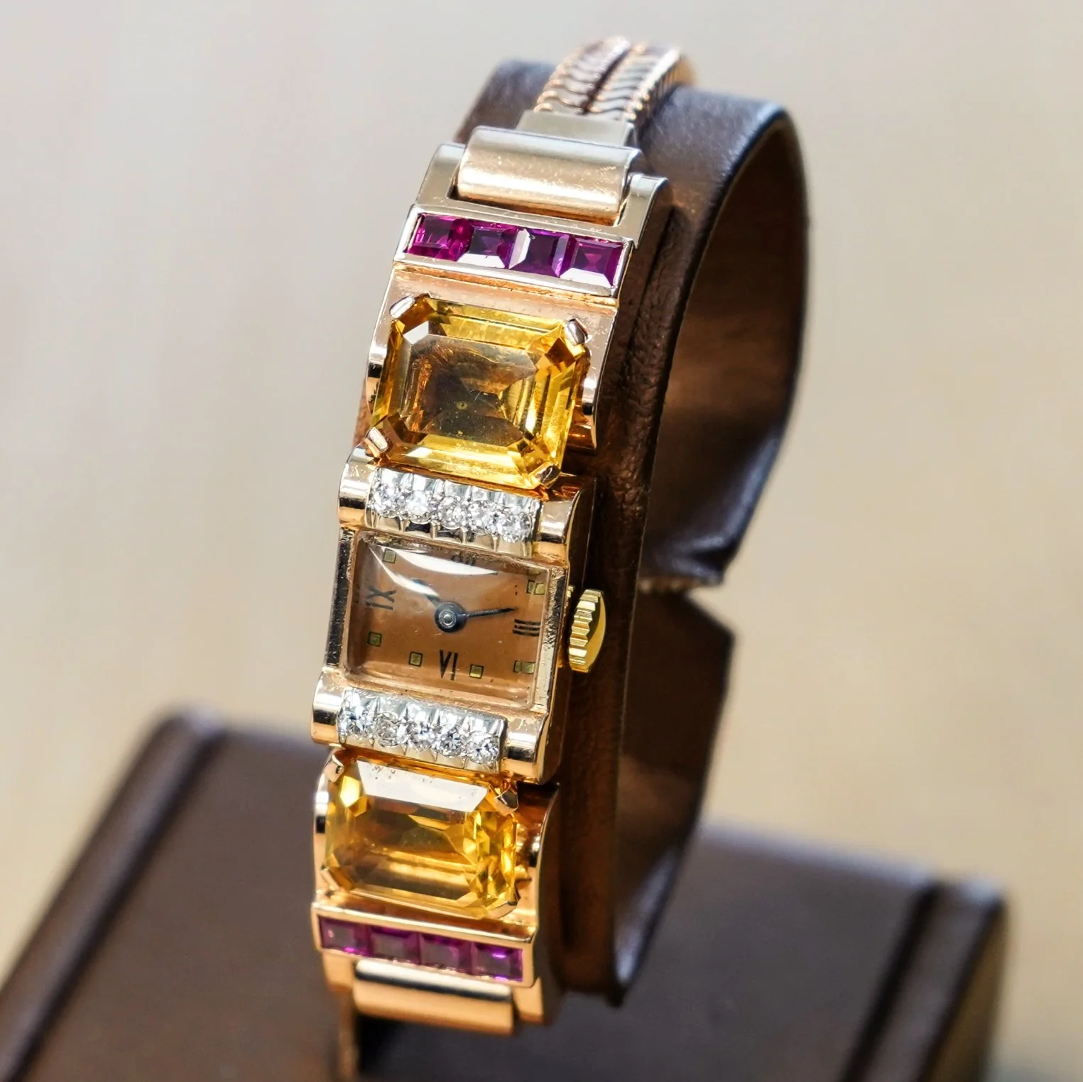 Art Deco Ladies' 14K Rose Gold Cocktail Watch Diamonds, Citrines, & Rubies Wristwatch by Pery - Image 21