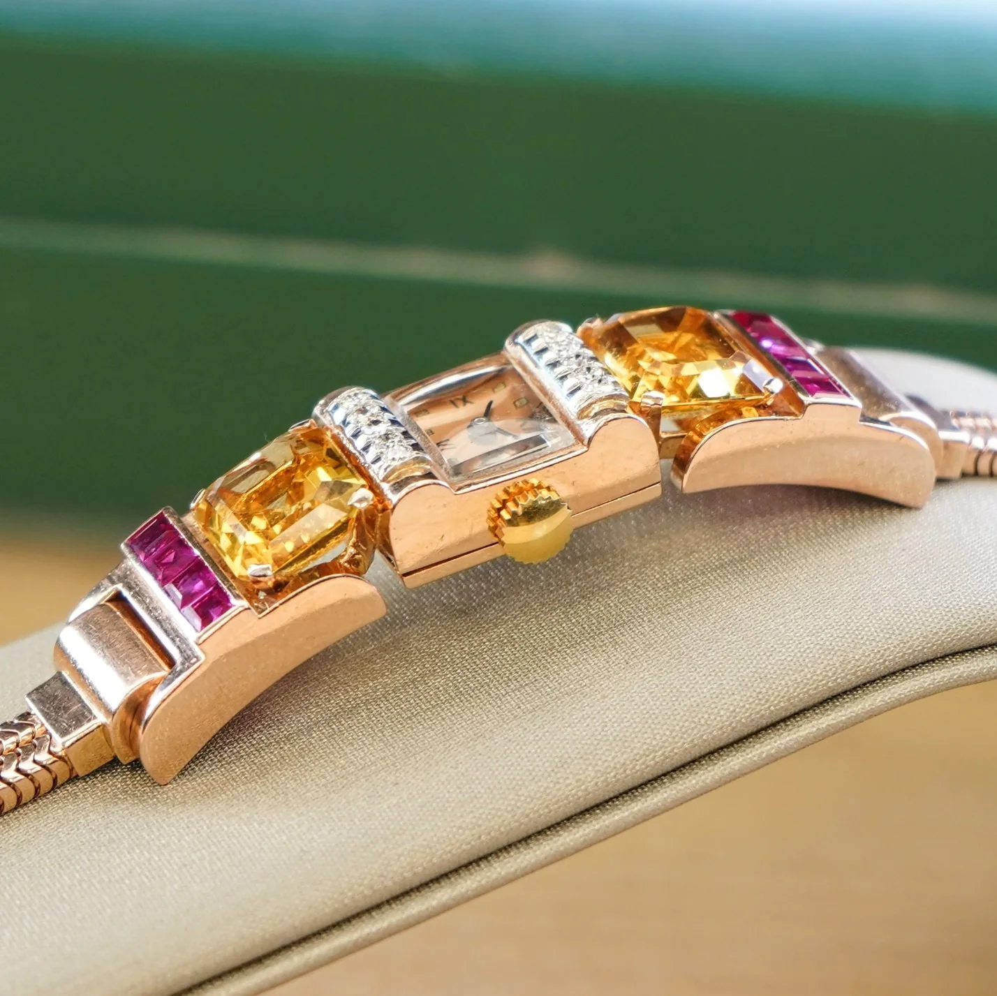 Art Deco Ladies' 14K Rose Gold Cocktail Watch Diamonds, Citrines, & Rubies Wristwatch by Pery - Image 3