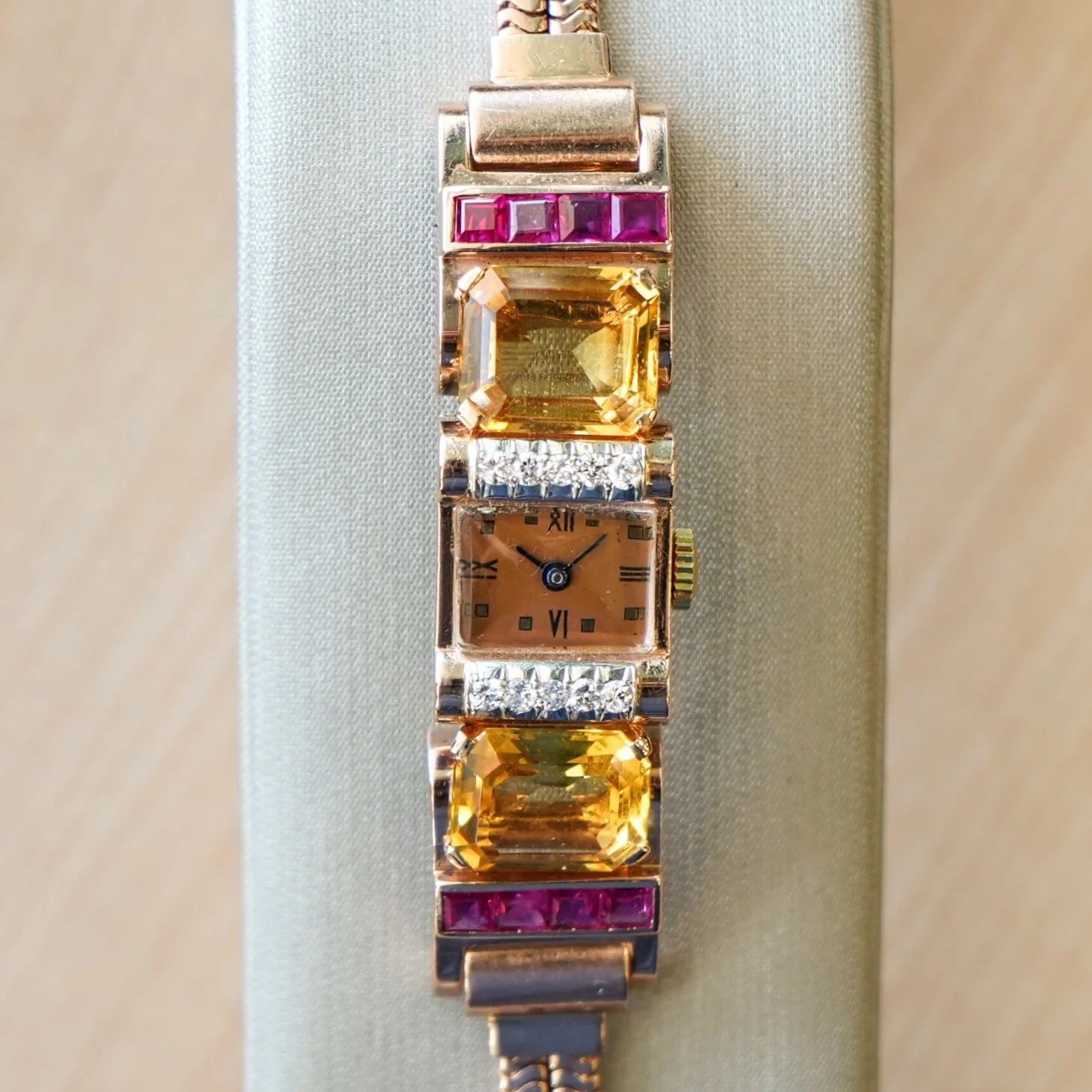 Art Deco Ladies' 14K Rose Gold Cocktail Watch Diamonds, Citrines, & Rubies Wristwatch by Pery - Image 4